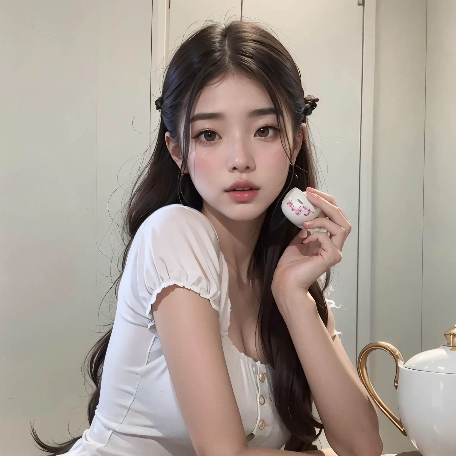 There's a woman sitting at a table with a cup of tea, ulzzang, Chica coreana, Hermosa mujer surcoreana, Hermosa joven coreana, Hermosa joven coreana, Jaeyeon Nam, Peinado blanco de corte hime, Asian girl with long hair, Jinyoung Shin, maquillaje popular de Corea del Sur, Joven y adorable rostro coreano, con el pelo largo, beautiful asian girl