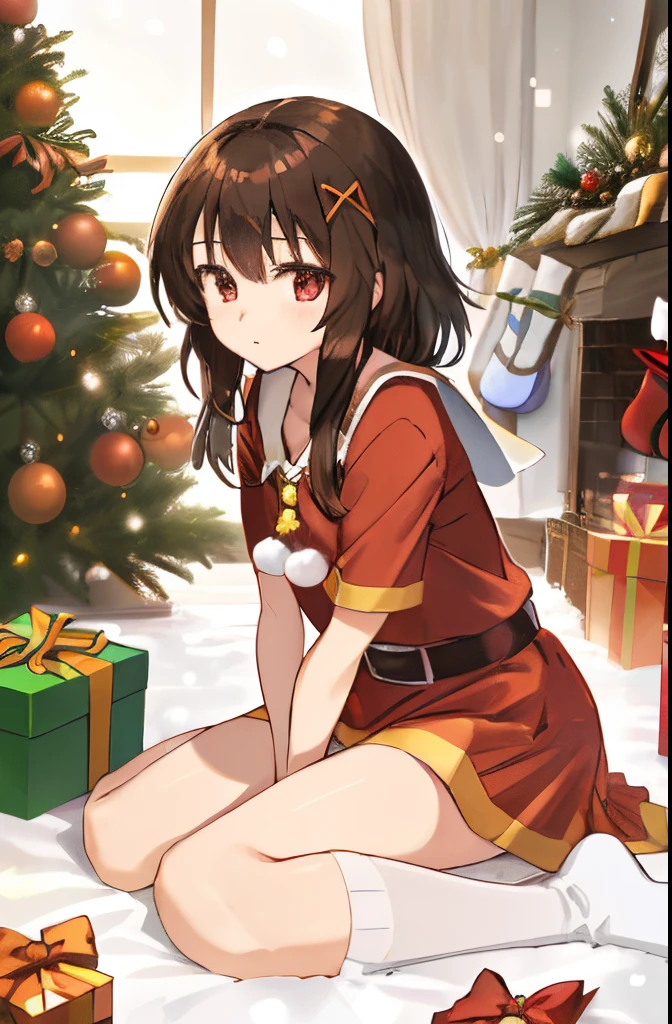 ((Brown hair)),((Braided shorthair)),((Brown eyes)),((With bangs)),(Inside the store at night with beautiful illuminations),(A room lit by a fireplace or candlelight),((Christmas tree)),((Nude body wrapped in ribbons all over the body)),(Bare ribbon),((Body Wrapping)),((Hug me to hide your chest)),(white fluffy underwear),Smile,Slight red tide,(Kamimei),((Perspective from below)),(Buttocks close-up),NSFW