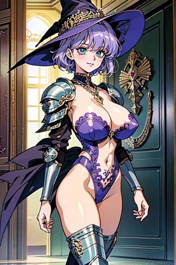"(masterpiece:1.1), best quality, 
1girl, (80s anime style:1.3), (eyelashes:1.5), (:1.2), 
(intricate high detailed body:1.2), 
(purple hair:1.1), (bangs:1.1), (short hair:1.1), (witch hat:1.2), 
green eyes, (lip stick:1.3), 
(gigantic breasts:1.5), 
(happy, smile:1.2), 
(string leotard armor, navel cutout, tattoo:1.2), 
(knight armor, armored boots:1.2), (ahoge:1.2), necklace, 
standing, arms behind back, 
(upper body, cowboy shot, looking at viewer, from front:1.1),
medieval tavern"