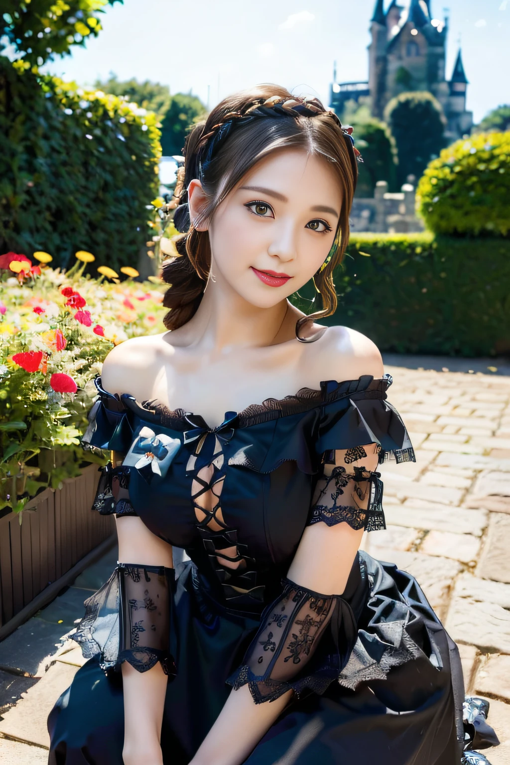 (((Gothic ta Fashion:1.3)),(((lace off shoulder dress))),(((Costume with intricate lace details))),(Emphasis on large breasts:1.3),(europe castle background:1.3),(Flower bed with colorful flowers in the garden),(crouching down:1.3),(Make the subject look three-dimensional with the contrast of light and shadow),Cute and beautiful girl,Cute round face,Cute smile,with blush cheeks,Red Lip,(silver white hair,Floral braided headband,half up、Floral Braided Space Van,Voluminous Fishtail Braids,Twisted chignon,),(Bangs are see-through bangs),hair pin,hair adornments,detailed clothes features,Detailed hair features,detailed facial features,(Dynamic angles),(Dynamic and sexy poses),profetional lighting,Cinematic Light,(masutepiece,top-quality,Ultra-high resolution output image, depth of fields,) ,(32k quality,depth of fields,Anatomically accurate facial structure,),(Sea Art 2 Mode:1.3),(Image Mode Ultra HD,)