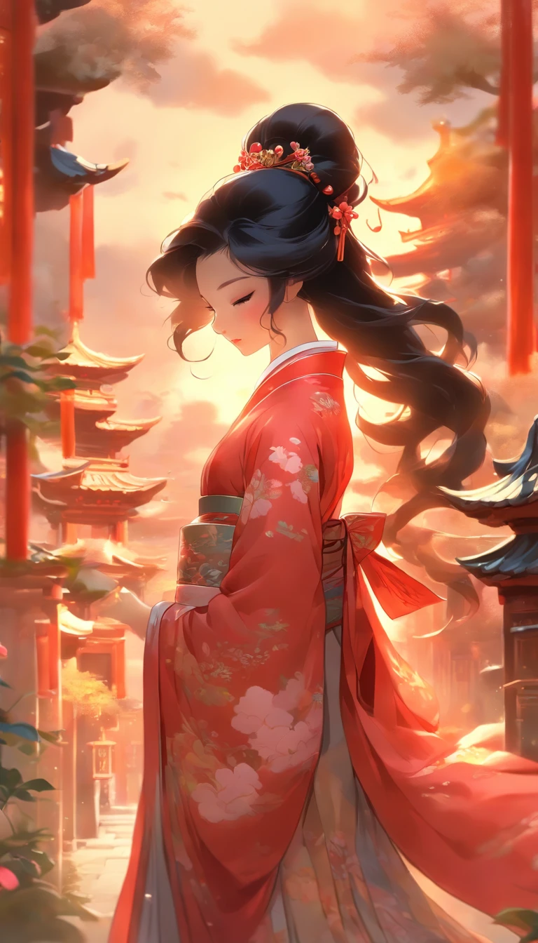 (a girl with long, flowing black hair, with beautiful detailed eyes and slightly parted lips, wearing a stunning red silk dress, standing in the middle of a vibrant Chinese-style garden),(illustration:1.1),(thick clouds gently rolling in the sky, creating a dramatic backdrop),(the sun shining brightly, casting warm rays of light on the scenery),(pilgrims walking along a winding path, dressed in traditional robes, with serene expressions),(best quality, 8k resolution, masterpiece:1.2),(ultra-detailed, realistic:1.37),(portrait, Chinese art style),(soft pastel color palette, with hints of pink and gold),(soft, warm lighting, creating a tranquil atmosphere)
