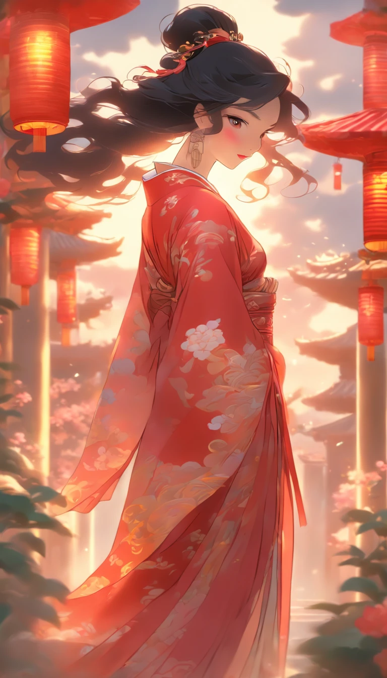 (a girl with long, flowing black hair, with beautiful detailed eyes and slightly parted lips, wearing a stunning red silk dress, standing in the middle of a vibrant Chinese-style garden),(illustration:1.1),(thick clouds gently rolling in the sky, creating a dramatic backdrop),(the sun shining brightly, casting warm rays of light on the scenery),(pilgrims walking along a winding path, dressed in traditional robes, with serene expressions),(best quality, 8k resolution, masterpiece:1.2),(ultra-detailed, realistic:1.37),(portrait, Chinese art style),(soft pastel color palette, with hints of pink and gold),(soft, warm lighting, creating a tranquil atmosphere)