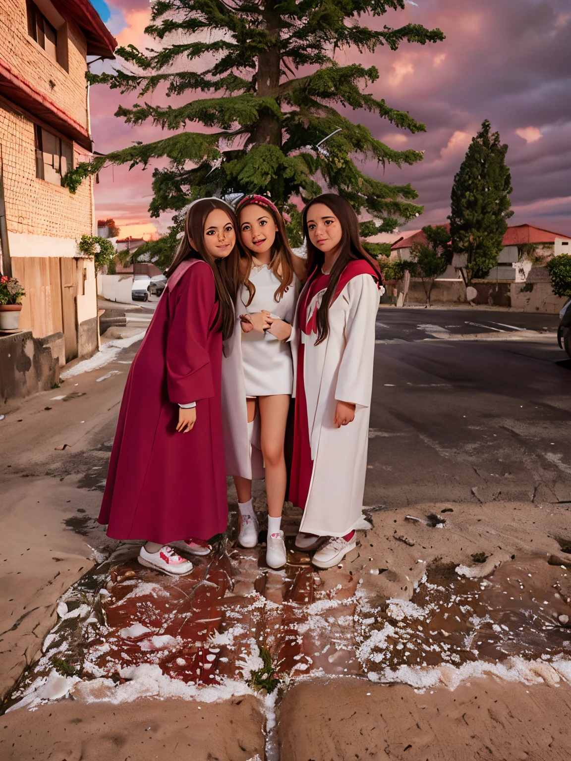 Three girls in graduation gowns posing for a photo in front of a tree, Usando Hogwarts!!! Vestidos!!!, escuela secundaria, Foto tomada en 2 0 2 0, on a cloudy day, 8k)), Wear white robes!, Julia Fuentes, wearing an academic gown, in robes, en PIF, 🤬 🤮 💕 🎀, bajo la lluvia, Chicas de secundaria