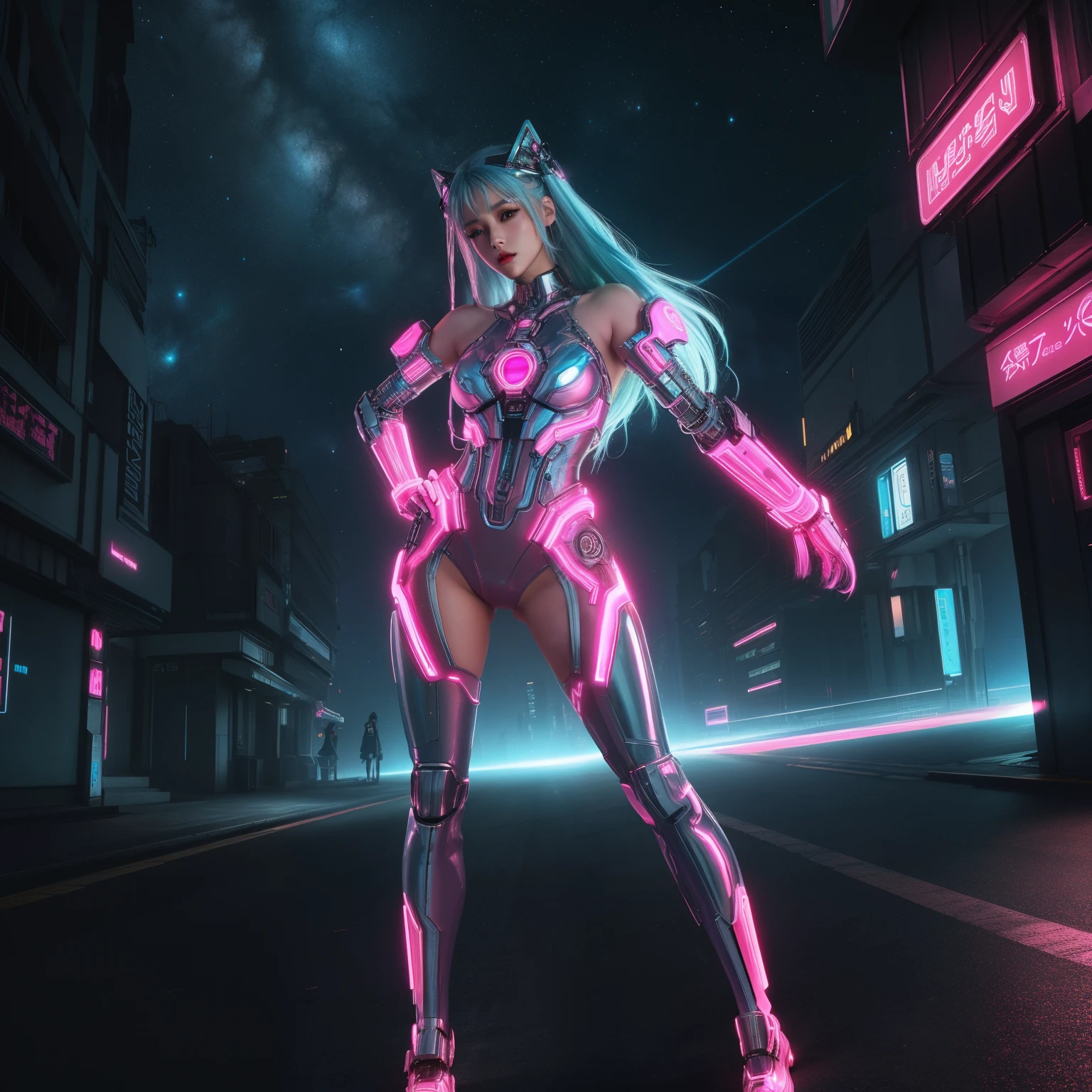 (masterpiece:1.2, best quality:1.2, beautiful, high quality, highres:1.1, aesthetic), detailed, extremely detailed, ambient soft lighting, perfect eyes, perfect face, 1girl, long blue hair, hair ornament, pink cybernetic, pink cybernetic_enhancements, red cybernetic amor, amor shoulder, looking at the viewer, slim body, futuristic cities, sexy pose, erotic pose, full_body, silver, night time, neon outlines, galaxies, full body