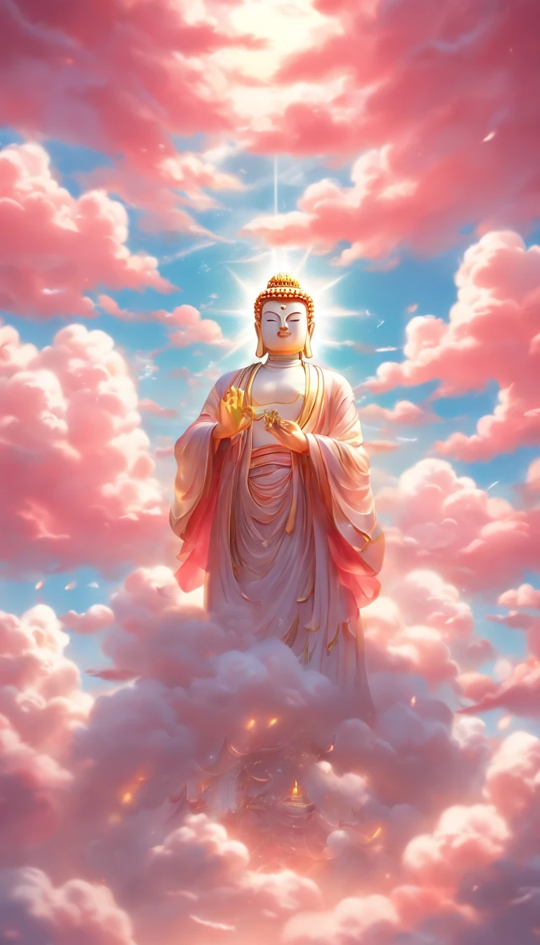 ((Masterpiece))，(Best quality))，China-style，In the sky, The clouds form a huge transparent glowing white jade Maitreya Buddha statue，Thick clouds，The sun shines，Pilgrims on the road，Hyper-realistic，Ultra photo realsisim，Pink，8K，High definition，high qulity，Works of masters，super-fine，（（（OC renderer）））,photographic portrait(((symmetrical)))