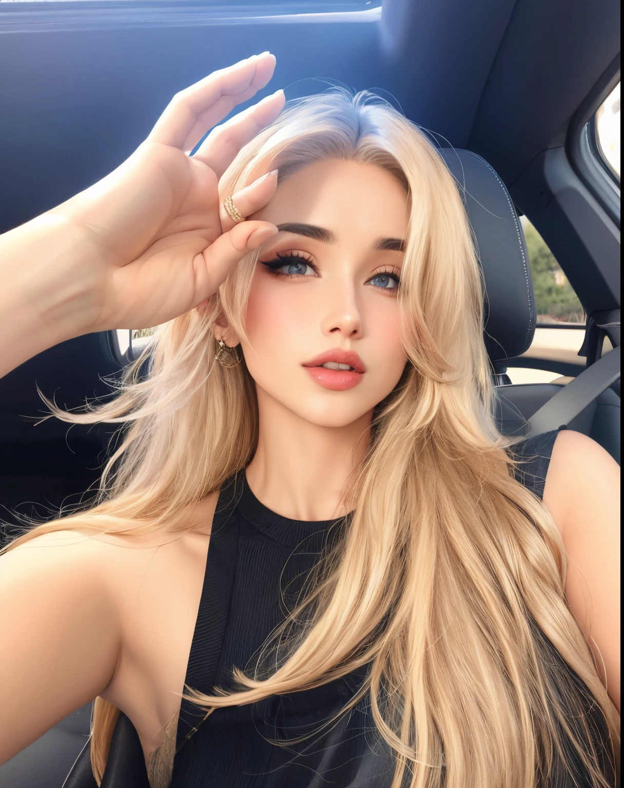 mujer arafed con el pelo largo y rubio sentada en un coche, Cabello largo y rubio y ojos grandes, Kailee Mandel, Violeta Myers, Ava Max, 18 years old, Cabello largo y rubio y ojos grandes, 21-year-old, cabello rubio y ojos grandes, 2 2 years old, 2 4 year old female model, Se parece a Laura Barriales