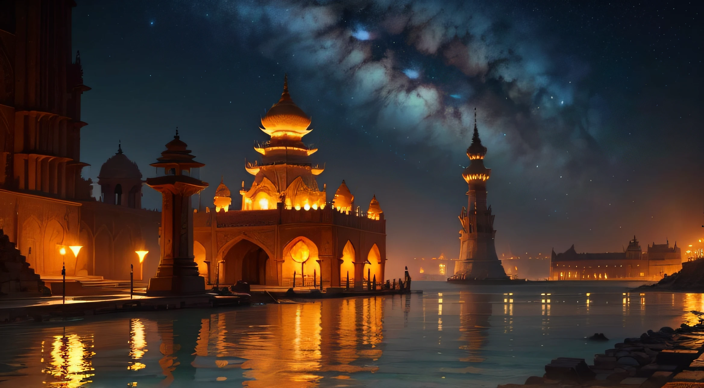 Picture Dwarka as an expansive kingdom stretching across both sides of the Arabian Sea, creating a breathtaking panorama of divine beauty. The cityscape sprawls along the coastline, with grand structures on either side of the water, connected by ornate bridges that span the sea.

On one side, visualize the majestic palaces and temples rising against the moonlit sky, their intricate details highlighted by the soft glow of golden lights. The city's architecture seamlessly blends with the natural landscape, with gardens and courtyards illuminated by lanterns and subtle bioluminescent elements. The moonlight reflects off the calm waters, creating a mirror-like surface that enhances the enchanting scene.

As you move to the other side of Dwarka, imagine a continuation of the grandeur, with palatial structures and divine temples mirroring those on the opposite shore. Bridges adorned with intricate carvings connect the two sides, symbolizing the unity of the kingdom. The night sky above both sections of the city is a canvas of stars, adding a cosmic dimension to the panoramic view.

The central temple dedicated to Lord Vishnu stands as a beacon of radiance, visible from both sides of the kingdom. Its spires reach towards the heavens, and the moonlight bathes its sculptures in a celestial glow. The sea beneath the temple reflects the divine spectacle, creating a sense of harmony between the earthly and the spiritual.

The market squares on each side of Dwarka are bustling with activity, with people in vibrant attire going about their nightly rituals. Lantern-lit pathways wind through the city, guiding the way for both residents and pilgrims alike. The sea breeze carries the gentle fragrance of incense, creating a serene and mystical ambiance that envelops the entire kingdom.

Maintain meticulous attention to detail in every aspect of the composition, ensuring that both sides of Dwarka contribute to the overall grandeur of the scene. This vast and harmonious kingdom, divided