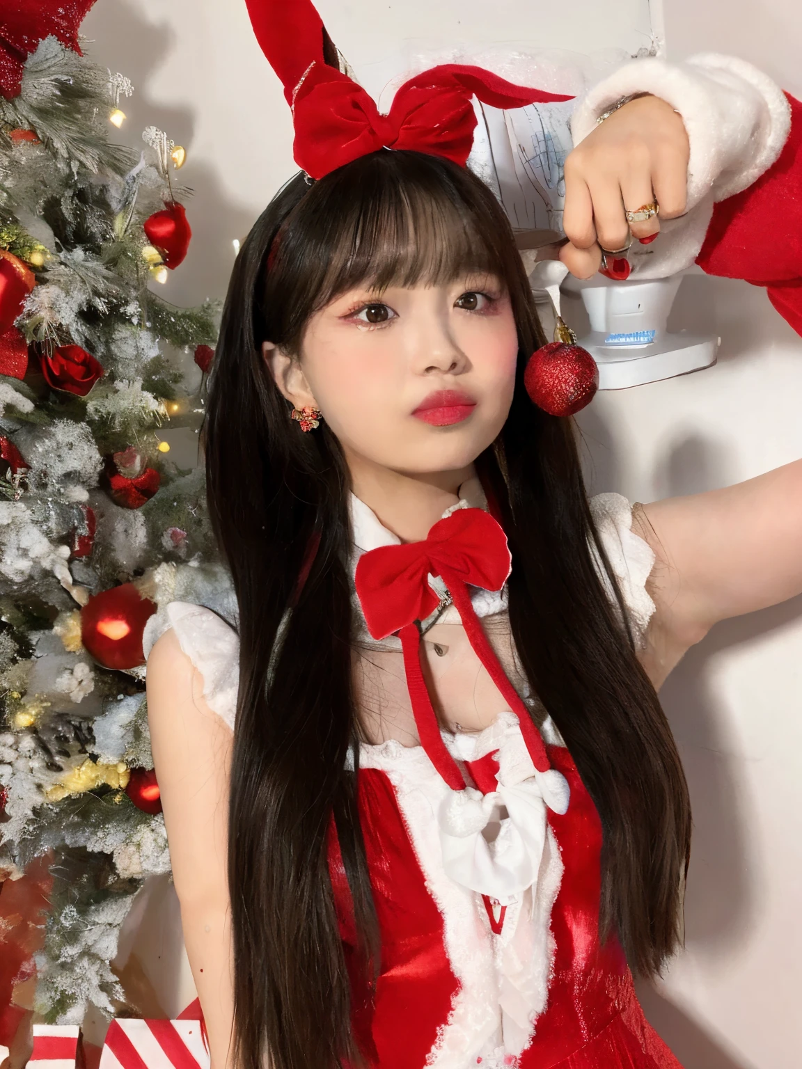 Chica araffe con un vestido rojo con un lazo rojo y un sombrero rojo y blanco., Lalisa Manobal, ulzzang, Lalisa Manoban de Blackpink, Tohsaka also., Sakimichan, Wan adorable cara coreana, con flequillo completo, con flequillo, Ruan lindo vtuber, Ella tiene el pelo negro con flequillo