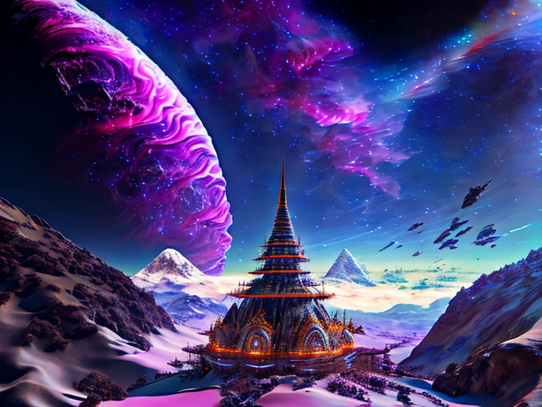 A space station located in space amidst the vast expanse of stars, planets, and galaxies would be a remarkable feat of engineering. The station would be surrounded by a flurry of activity, with spacecraft of various sizes coming and going to transport personnel, supplies, and equipment. Looking out from the station, a distant planet with its multi-colored surface, mountains, oceans, and swirling clouds would be visible. The landscape below would change as the station orbits the planet, revealing new vistas, hidden valleys, peaks, and natural wonders. Despite the infinite scale of space, the space station would be a hub of life and activity, a shining example of humanity's drive to explore and conquer the unknown. (((masterpiece))), ((best quality)), realistic, 8k, ultra-detailed, realistic, scenery, ConceptArt, Highly detailed RAW color Photo, side Angle, (lens flare:0.7), particle effects, raytracing, cinematic lighting, shallow depth of field, photographed on a Sony Alpha 1, 50mm wide angle lens, sharp focus, cinematic film still, dynamic pose., in Nepal temple area