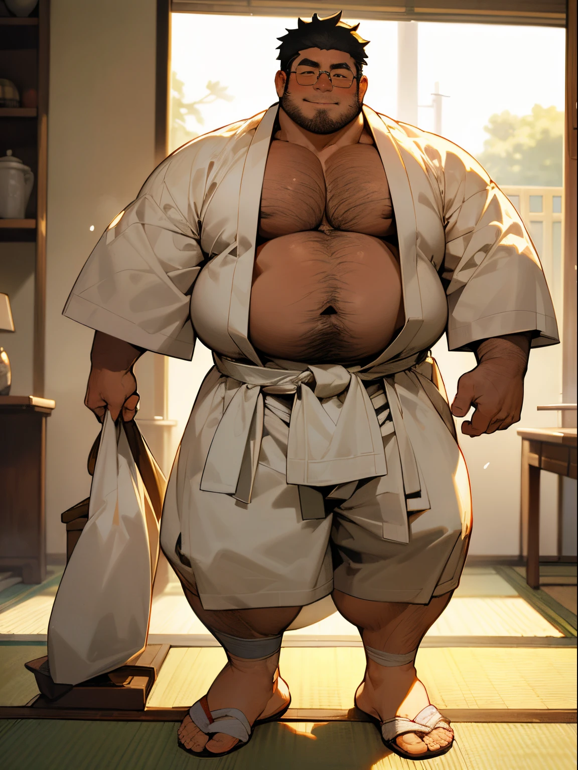 ​masterpiece,top-quality, ‎8k, japanese festival, fat uncle is standing naked, geezer, Short legs, bowleg, shirtless, bare legs, wearing a only white loincloth thong, Fat Man, glasses, Black-haired man, Man with big face, Round face, Sweating, full body