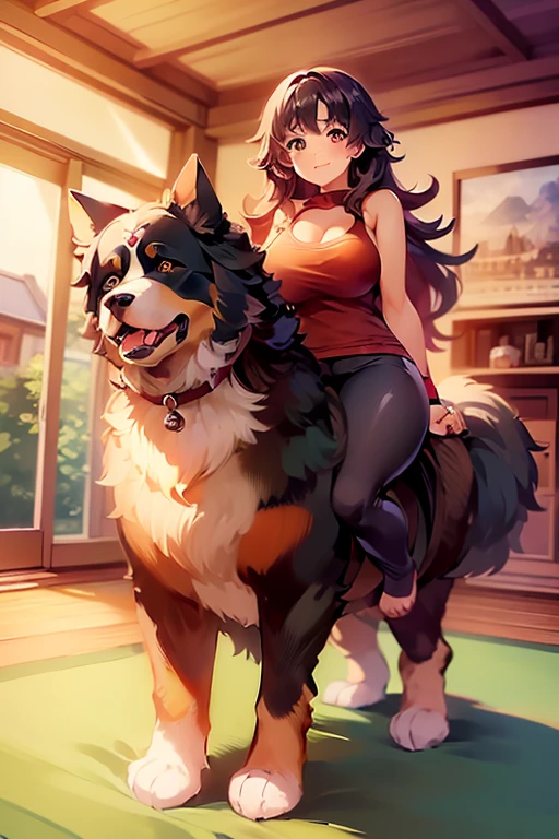 1girl, best quality, masterpiece, cute anime girl riding on a bernese mountain dog \(dog\), barefoot, big butt, big thighs, yoga pants, smiling, red hair, in a house