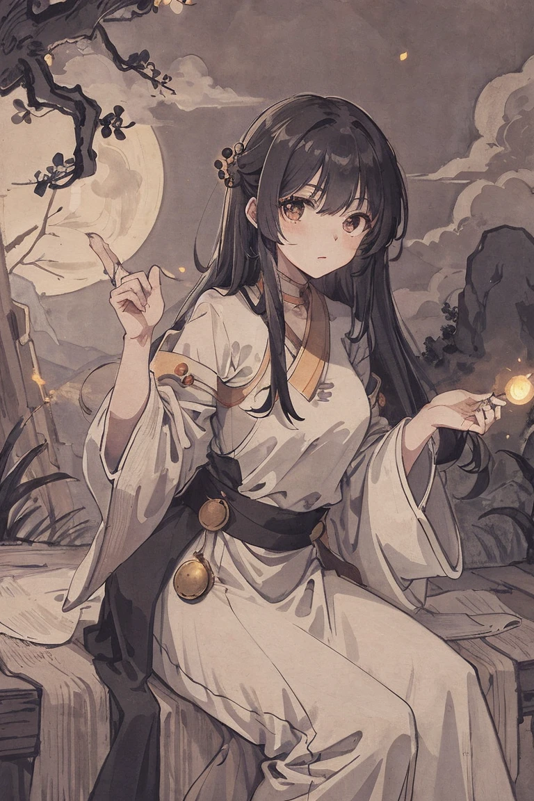 masterpiece, best quality, night, hill, clouds, full moon, long hair, woman, silhouette, fireflies,diaphragm.