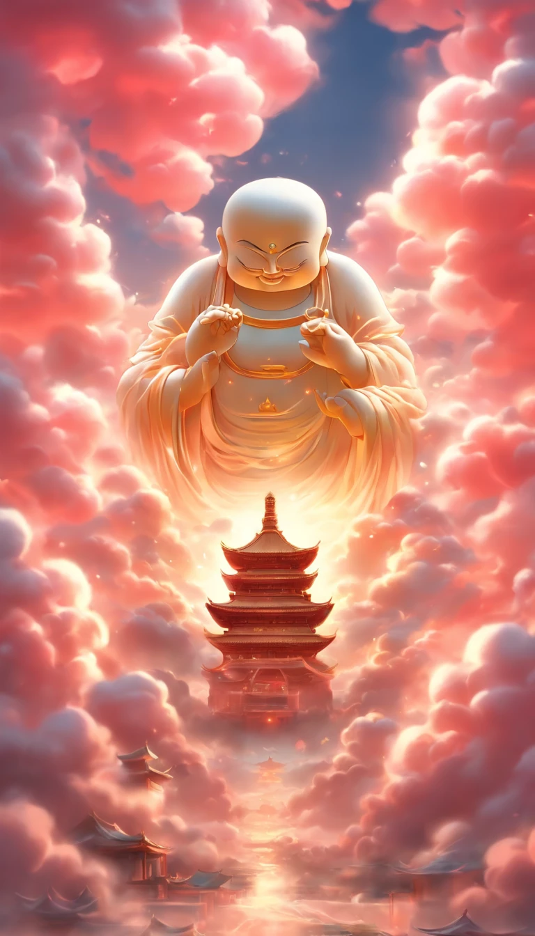 ((Masterpiece))，(Best quality))，China-style，In the sky, The clouds form a huge transparent glowing white jade Maitreya Buddha statue，Thick clouds，The sun shines，Pilgrims on the road，Hyper-realistic，Ultra photo realsisim，Pink，8K，High definition，high qulity，Works of masters，super-fine，（（（OC renderer）））,photographic portrait(((symmetrical)))