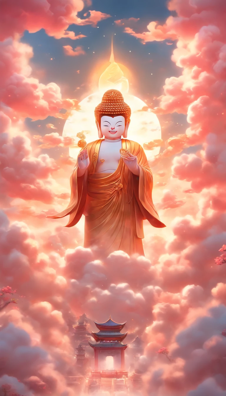 ((Masterpiece)),(Best quality)),China-style,In the sky, The clouds form a huge transparent glowing white jade Maitreya Buddha statue,Thick clouds,The sun shines,Pilgrims on the road,Hyper-realistic,Ultra photo realsisim,Pink,8K,High definition,high qulity,Works of masters,super-fine,(((OC renderer))),photographic portrait(((symmetrical)))
