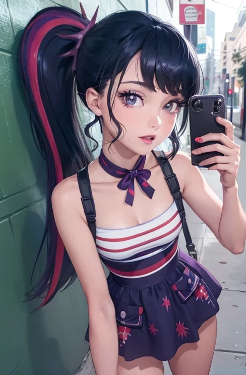 Chica con ropa de verano, Tiro superior,((Selfie)),   cabello largo, fondo aleatorio, besar, Beautiful, senos grandes , pechos grandes , mirada coqueta, ((muy detallado)), (Cara perfectamente detallada), (Mano bien detallada), Imagen fotorrealista. , hermosa chica , 21yr old , lindo maquillaje  , labios rojos , sombra de ojos azul , bolso a la moda , ojos color morado , pony tail , linda sonrisa , lentes de lectura , chica sexy , bailando frente a la camara