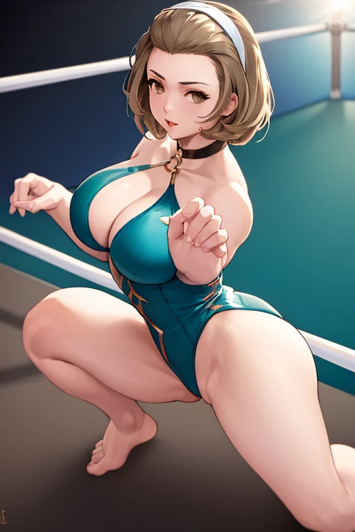 masterpiece, best quality, defManuela, choker, teal o-ring dress, view,Juno,bikini,((Tight leotard)), ((sexy pose)), ((Wrestling ring)), from behind, looking at viewer, lounge, from above, red velvet, large breasts