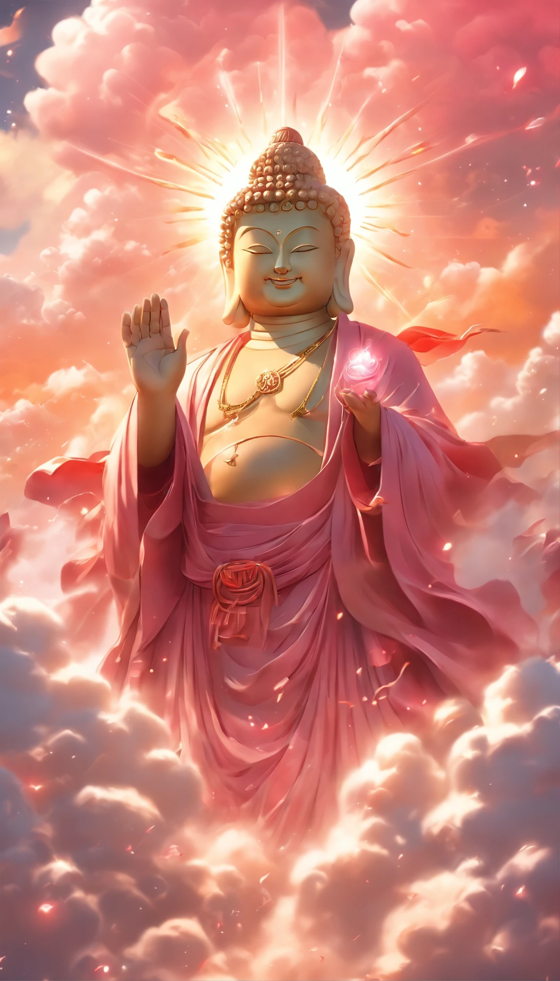 ((masutepiece))，(Best quality))，China style，In the sky, The clouds form a huge transparent shiny white jade Maitreya Buddha statue，Thick clouds，and the sun was shining brightly，Pilgrims on the road，Hyper-realistic，Ultra photo realsisim，Pink，8K，High definition，high qulity，Works of masters，super-fine，（（（OC renderer）））