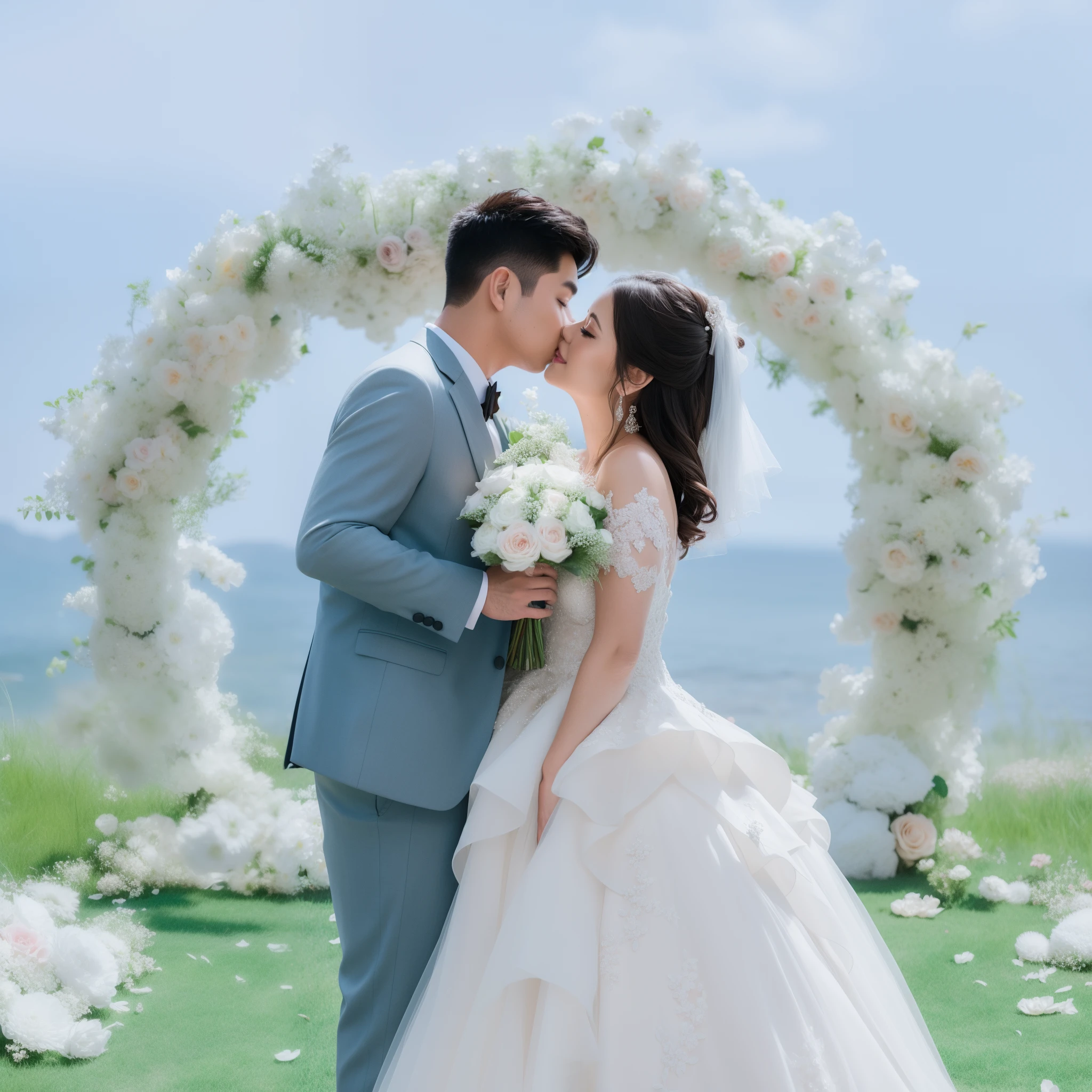 Bride and groom kissing in front of flower arch, wedding photo, Background with, Romantic, luxurious wedding, kissing together cutely, Weddings, Shot with Canon EOA 6 D Mark II, couple kissing, trailer, lovely kiss, professional wedding photography, 🤬 🤮 💕 🎀, 𝓡𝓸𝓶𝓪𝓷𝓽𝓲𝓬, wedding photography, kisses, behind the scenes, cute couple, jia