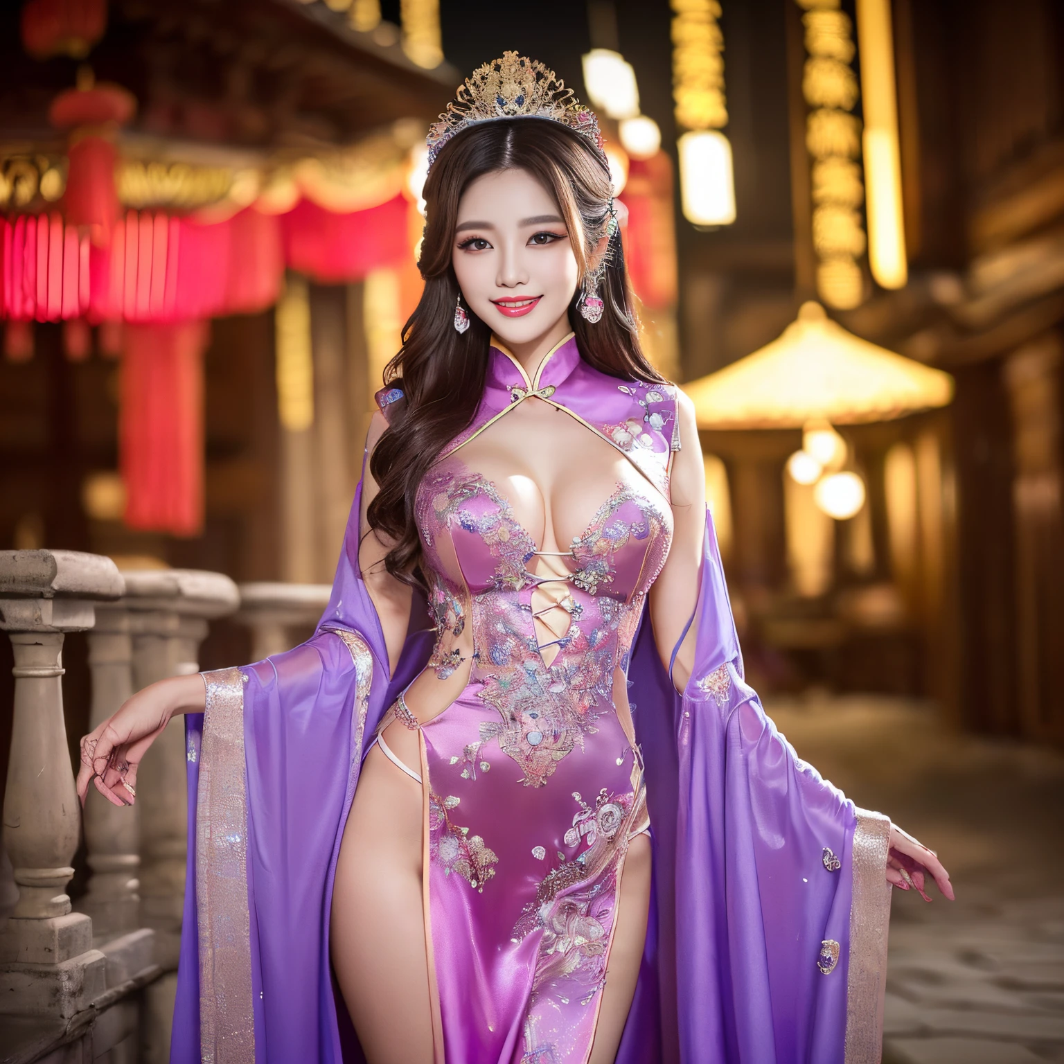 ((top-quality、masutepiece、8K、Top image quality、Highly complex and detailed depictions))、(The most gorgeous Chinese prostitute princess:1.5)、Chinese garrison house at night、((The most gorgeous prostitute princess huge costume、the most vivid and luxurious costumes、big long costume、The most luxurious and huge garrison、An unimaginably luxurious garrison、purple and pink garrison、Depicted with a huge and luxurious garrison in the background、Huge guruhouse at midnight、Very complex decoration、very clear garrison))、(View me、Bewitching smile、Perfect makeup、long eyelashes、pink lipsticks、Pink eyeshadows、perfect anatomia、Biggest smile)、(A clear background of a huge garrison:1.3)