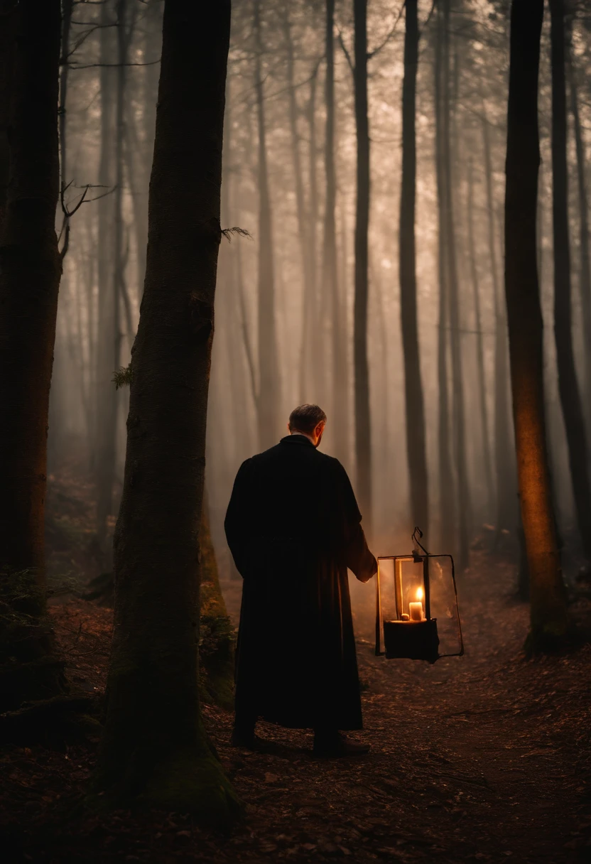 A man in a black coat holding a lantern in a forest - SeaArt AI