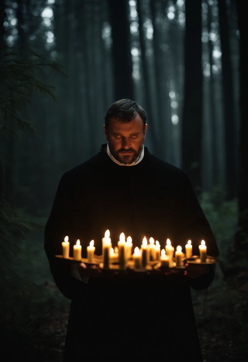 Martin Luther placed many candles on the branches of a tree high up in a dark forest.、Creating the world's oldest illumination、Martin Luther and his disciples illuminate the vast forest with illuminations。
