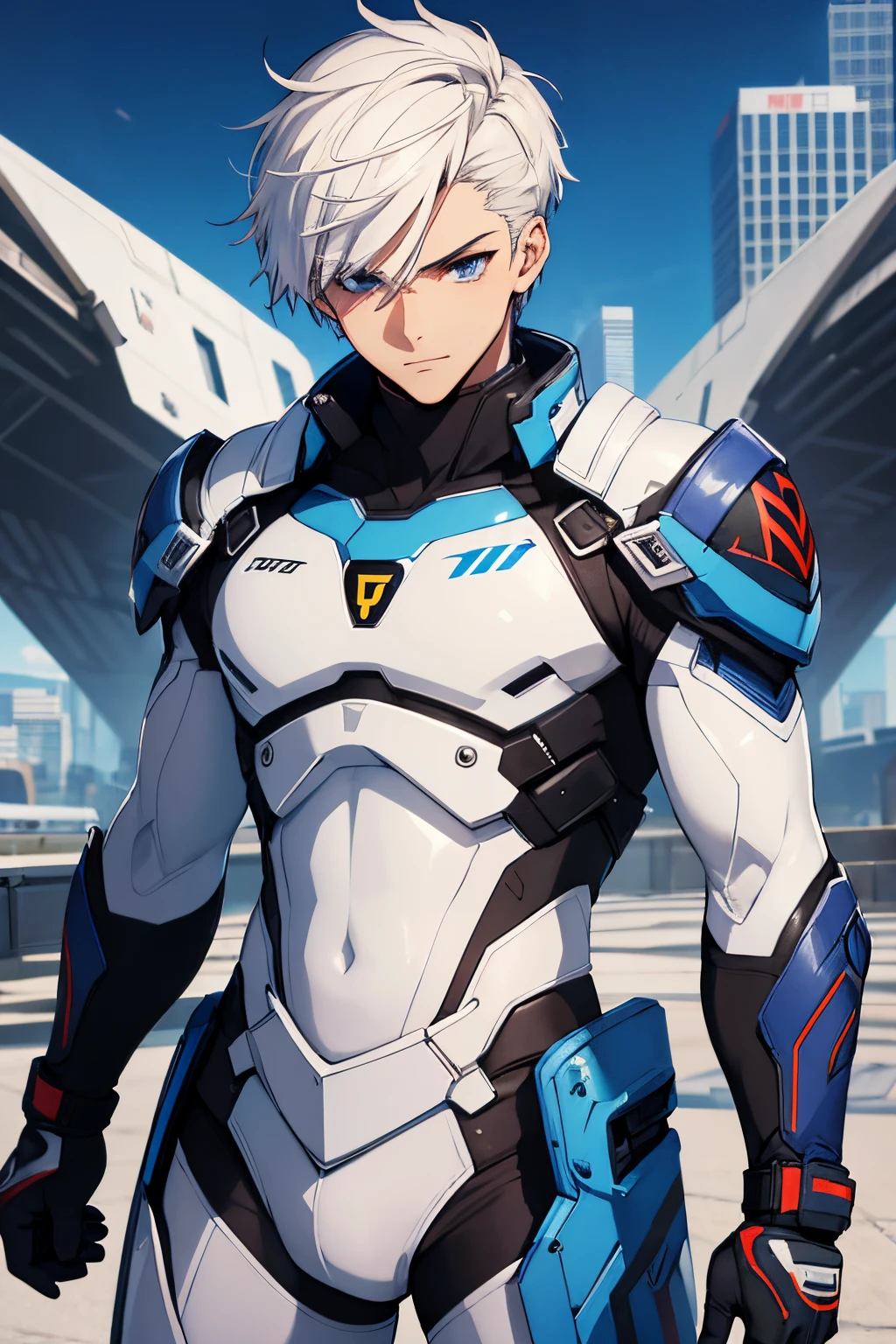 best qualityer,tmasterpiece,Ultimate resolution,top quality, detailed eyes, downy,Extremely colorful,Colorful,men combatants,a young handsome male,white short hair, combat suit, anime art, Steel City background,blue-sky,Normal posture,Normal posture