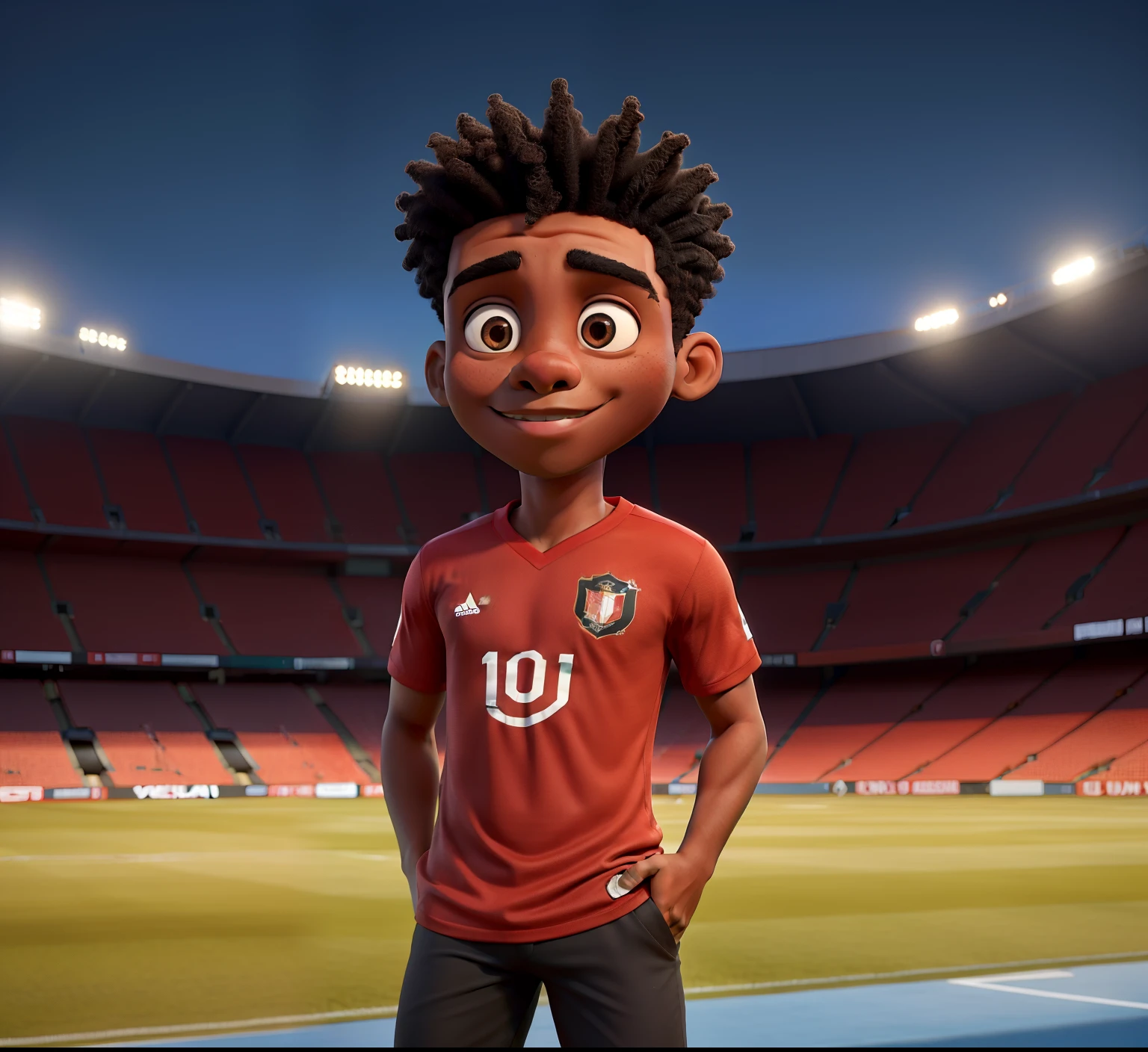 Um jovem negro, Inside a stadium, com a camisa vermelha e preta, camiseta listrada, jogando bola