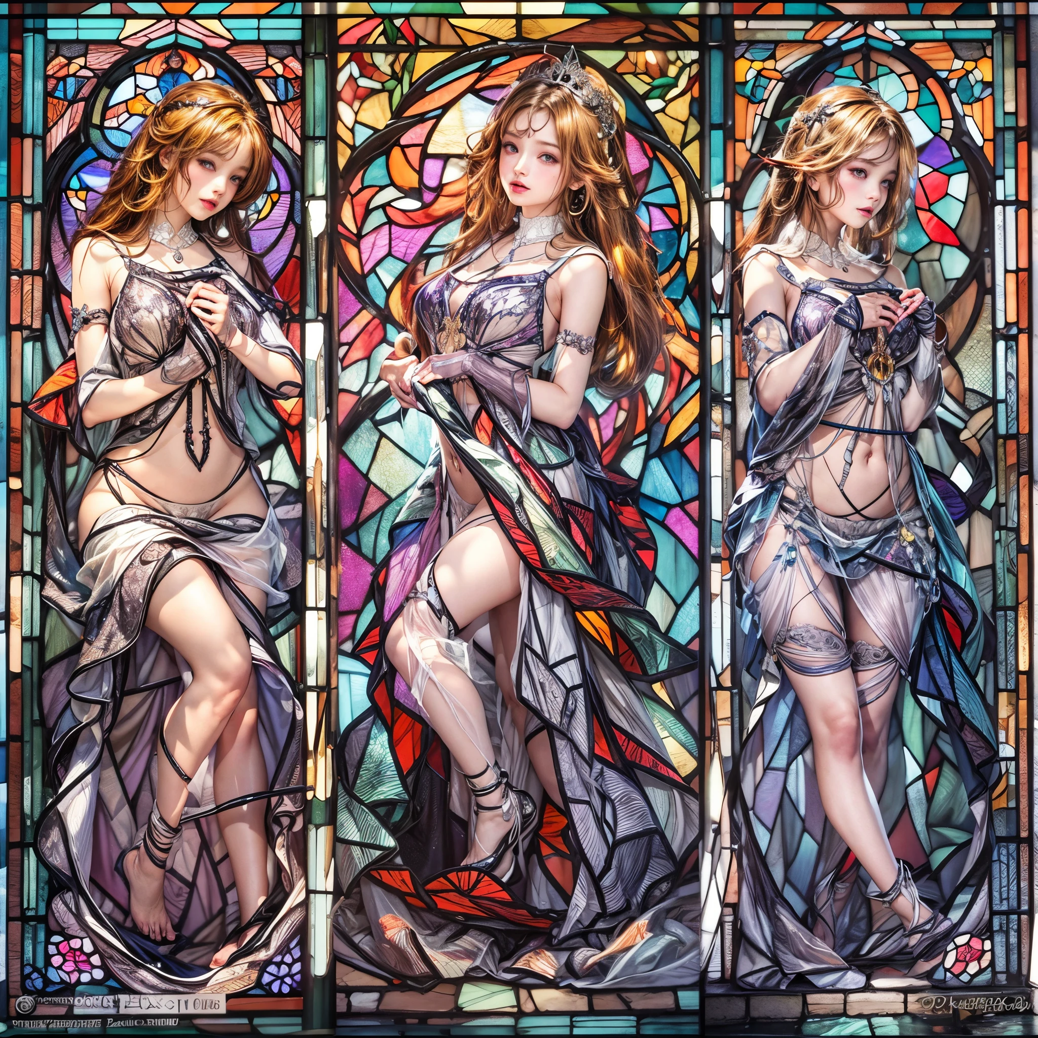 (stained glass Background, Masterpiece, White and vivid colors, (Exposed:1.2), (nipple:-0.9)), (9 sexy junior idols in row), ((face variations, Hair variations)), { Navel | Ass }, portrayed in the best quality and high resolution. The image should be ultra-detailed, realistic, and photorealistic with a touch of rawness. concept art. The color tone should be vibrant and vivid, enhancing the overall visual impact. (Whole Body proportions and all limbs are anatomically accurate), (Vivid Colorful light shines through the delicate stained glass).