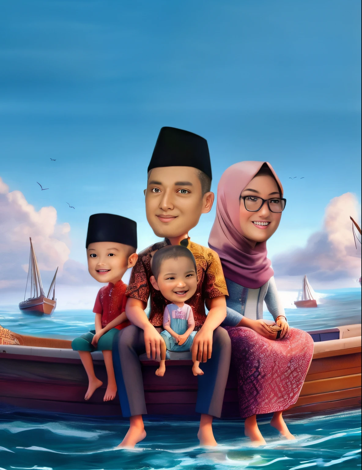 cartoon of a family sitting on a boat in the ocean, an indonesian family portrait, happy family, potrait, in cartoon style, full protrait, barong family, caricature illustration, cartoon digital art, family portrait, digital art cartoon, by Abidin Dino, realism artstyle, cartoon art, inspired by Basuki Abdullah, cartoon digital painting, family