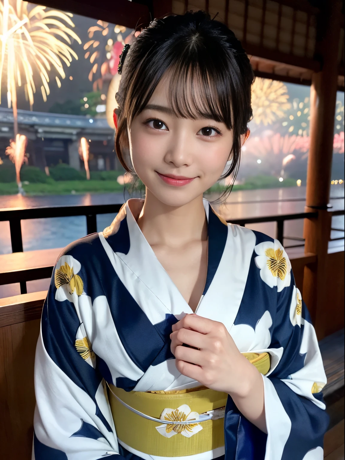 (8K、Raw photography、top-quality、masterpiece:1.2)、(reallistic、Photorealsitic:1.37)、The ultra -The high-definition、1 girl in、cute little、独奏、natta、Sitting、date、(Nasal redness)、(A smile:1.1)、(Closed)、Colossal tits、beautidful eyes、(short-hair:1.2)、(((Fireworks in the sky、natta)))、(((Kimono、Yukata)))、cleavage on the chest、perfect bodies、Perfect fingers、profetional lighting、goddess of Japan、gravure、Detailed face and skin texture、A detailed eye、Raw photo