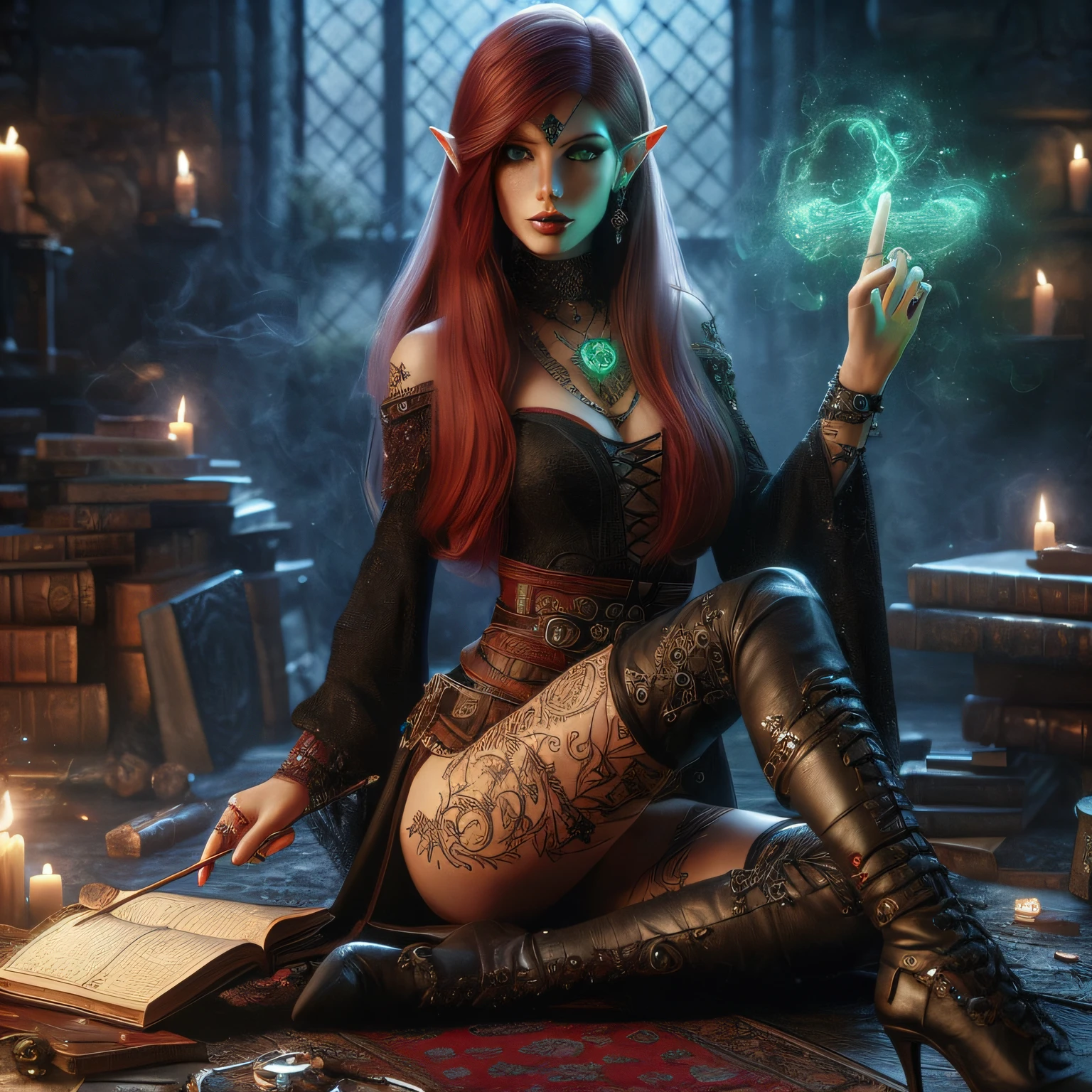 a red-haired woman in black leather pants sitting on a rug, uma bela feiticeira, feiticeira bonita, arte de fantasia realista, Arte de fantasia hiperrealista, maga feminina de fantasia sombria, menina bonita necromante, Retrato de uma feiticeira, menina necromancer bonita, Beautiful Female Sorceress, realistic fantasy rendering, mulher feiticeira