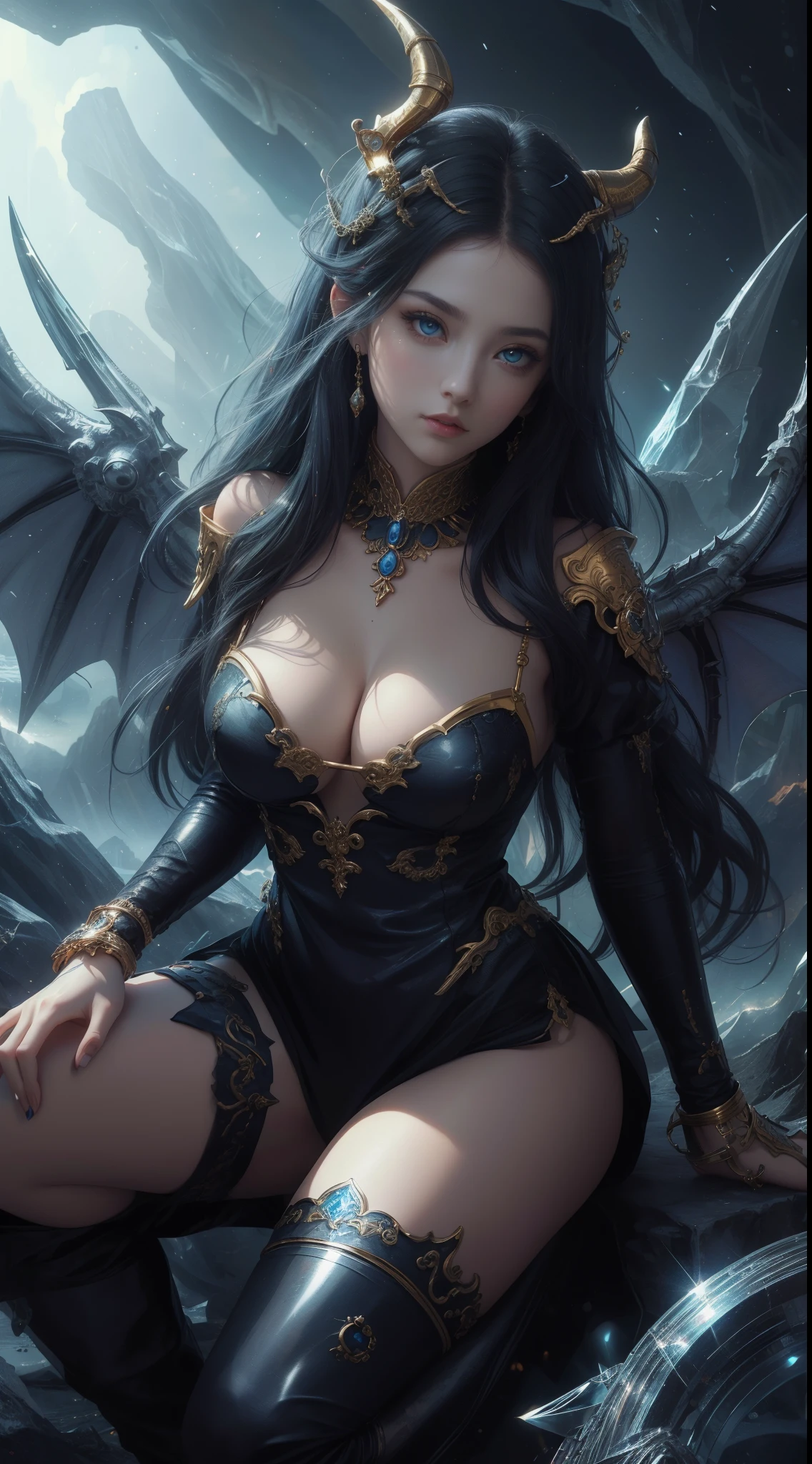 tmasterpiece,Highest image quality,Beautiful bust of the noble dragon girl,Exquisite blue-black hairstyle,Clear golden eyes,Decorated with a series of dragon horns,huge dragon wings,Dazzling、Intricate jewelry,black hole,caves,Long boots,blackstockings,Ultra-detailed details,advanced。At the Pixiv Art Station,Break your own power,Luigi,Big breasts exposing cleavage,R-18G