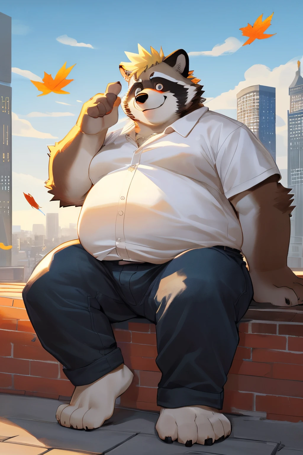 Artist (by k0bit0wani, by bogexboog,by zixiong,by milkytiger1145,by takemoto arashi). Species (raccoon). General ( NSFW, barazuko, overweight male, obese male, (obese=1.6), fat, extreme fat, (overweight=1.6), chubby male, fat hands, fat legs, fat muzzles, fat faces, chubby, 5 fingers, furry tail, beautiful furs, black slim jeans, white small shirt, the shirt is too small and unbuttoned , black t-shirt, insane detailed big eyes, cute eyes, animated eye, beautiful eye, multicoloured body, grey fur, blonde bob haircut sweet smile, very cute, huge moobs, looking camera ). Background ( cozy theme, rooftop, sitting on rooftop, city background, autumn season, orange colors, sunshine ). Meta ( masterpiece, animated, epic setting, insane details, detail background, masterpiece)