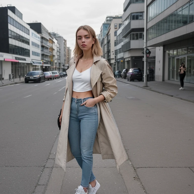 A stylish woman in an urban outfit stands on the busy side of the road. She is wearing slim jeans, die ihre schlanke Silhouette betont, und kombiniert sie mit einem lockeren, aber chicen Blusentop. A light trench coat complements her look, while she casually stands on a street corner. Ihre Sneakers verleihen dem Ensemble eine entspannte Note, and a chic shoulder bag completes the urban style. The city's vibrant backdrop provides a dynamic backdrop to its modern appearance.