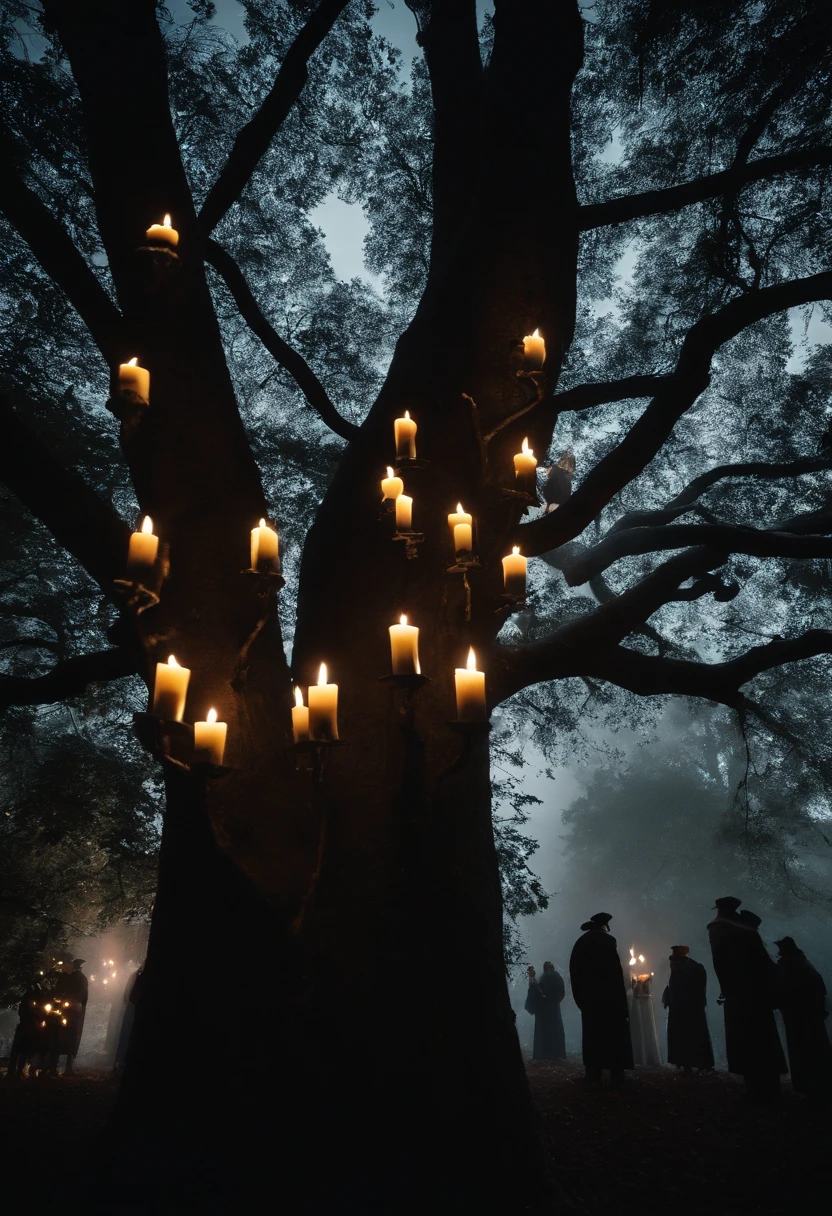 Martin Luther placed many candles on the branches of a tall tree in a dark forest..、create the world'oldest illumination、Martin Luther and his disciples lined up a huge number of candles in a vast forest.。overhead candle、Candles are placed on high tree branches to create a starry sky.、