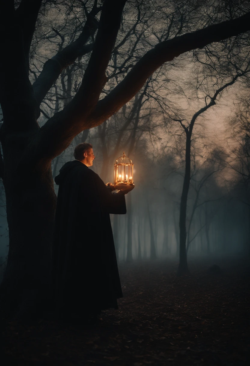 Martin Luther placed many candles on the branches of a tall tree in a dark forest..、create the world'oldest illumination、Martin Luther and his disciples lined up a huge number of candles in a vast forest.。overhead candle、Candles are placed on high tree branches to create a starry sky.、