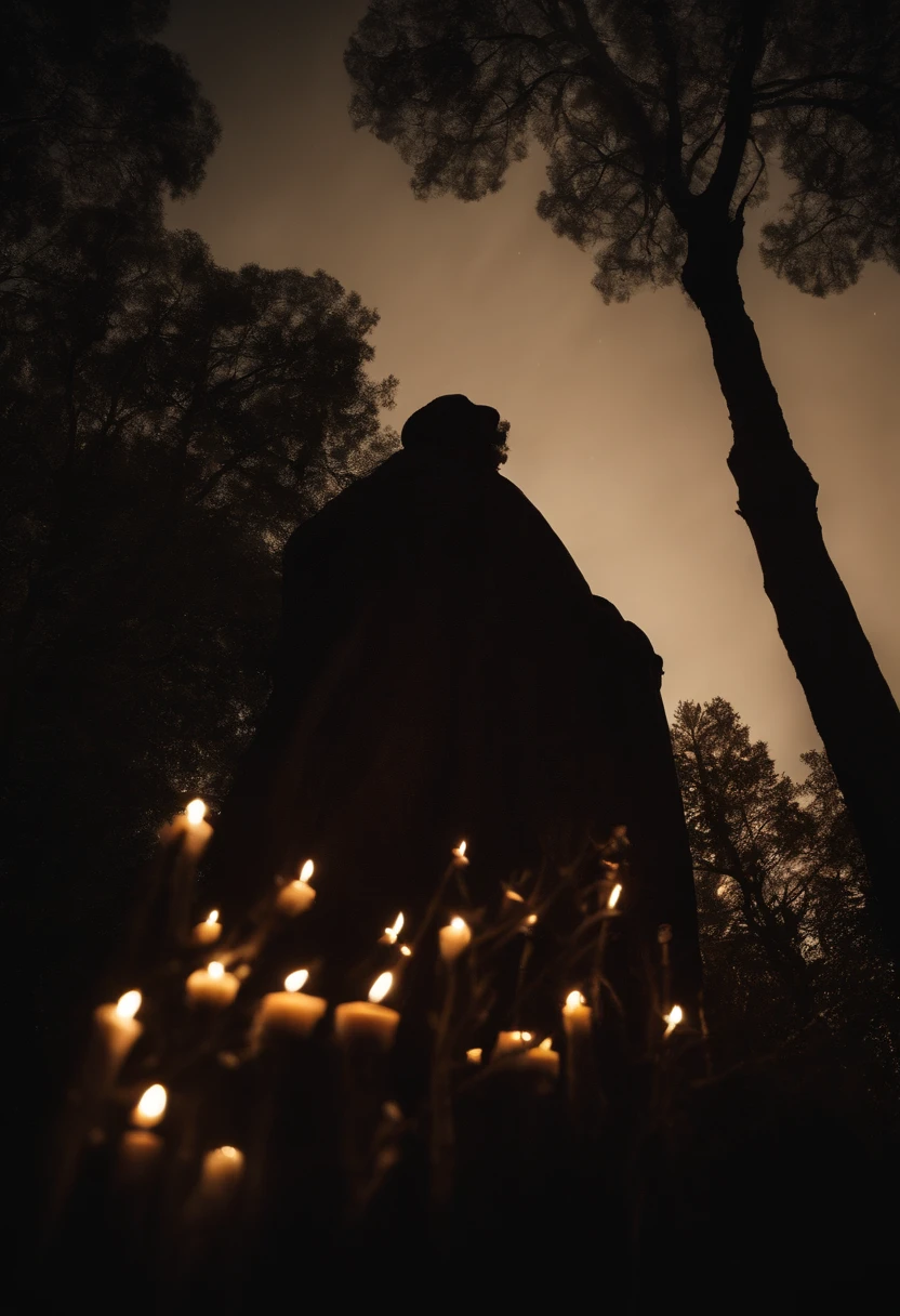 Martin Luther placed many candles on the branches of a tall tree in a dark forest..、create the world&#39;oldest illumination、Martin Luther and his disciples lined up a huge number of candles in a vast forest.。overhead candle、Candles are placed on high tree branches to create a starry sky.、