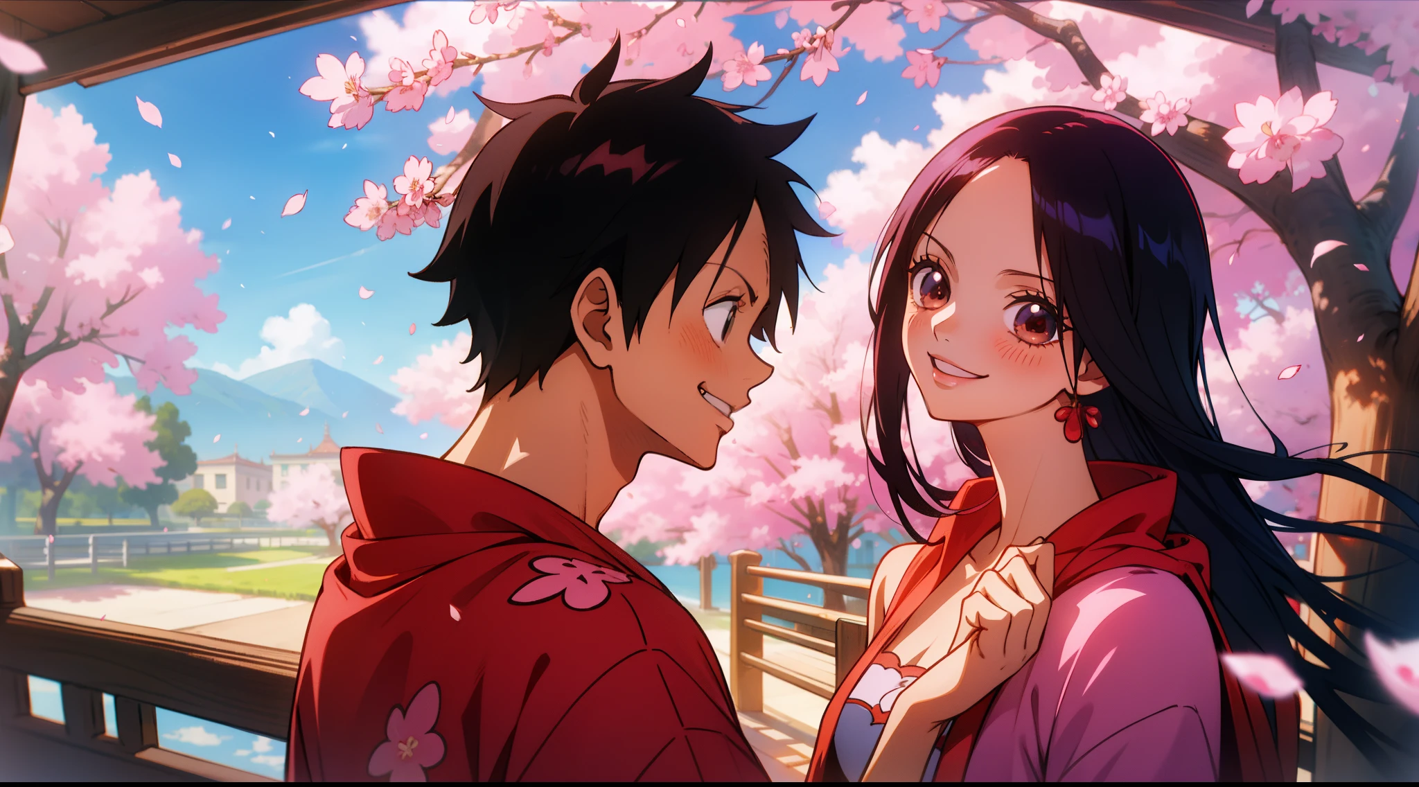 Upper body, vista, panorama, a boy and a girl, looking at each other and laughing, smile, cherry blossoms, petals, sky, campus, onepiece, monkey d Luffy, boa Hancock,