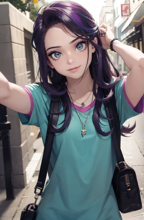 Chica con ropa grunge , Tiro superior,((Selfie)), lindos ojos, cabello largo, fondo aleatorio, besar, Beautiful, senos grandes , pechos hrandes , mirada coqueta, ((muy detallado)), (Cara perfectamente detallada), (Mano bien detallada), Imagen fotorrealista. , hermosa chica , 20yr old , lindo maquillaje  , labios rojos , sombra de ojos azul , bolso a la moda , posando para la foto , hermosa sonrisa