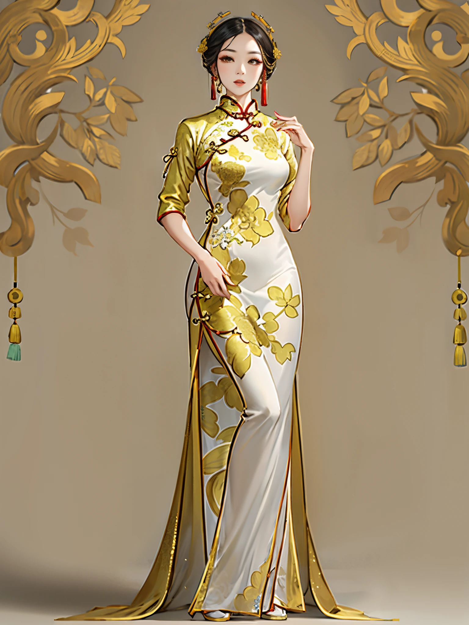 Full body shot of a woman standing，Wear a cheongsam，National style，ellegance，tmasterpiece，the detail，gold and white color scheme