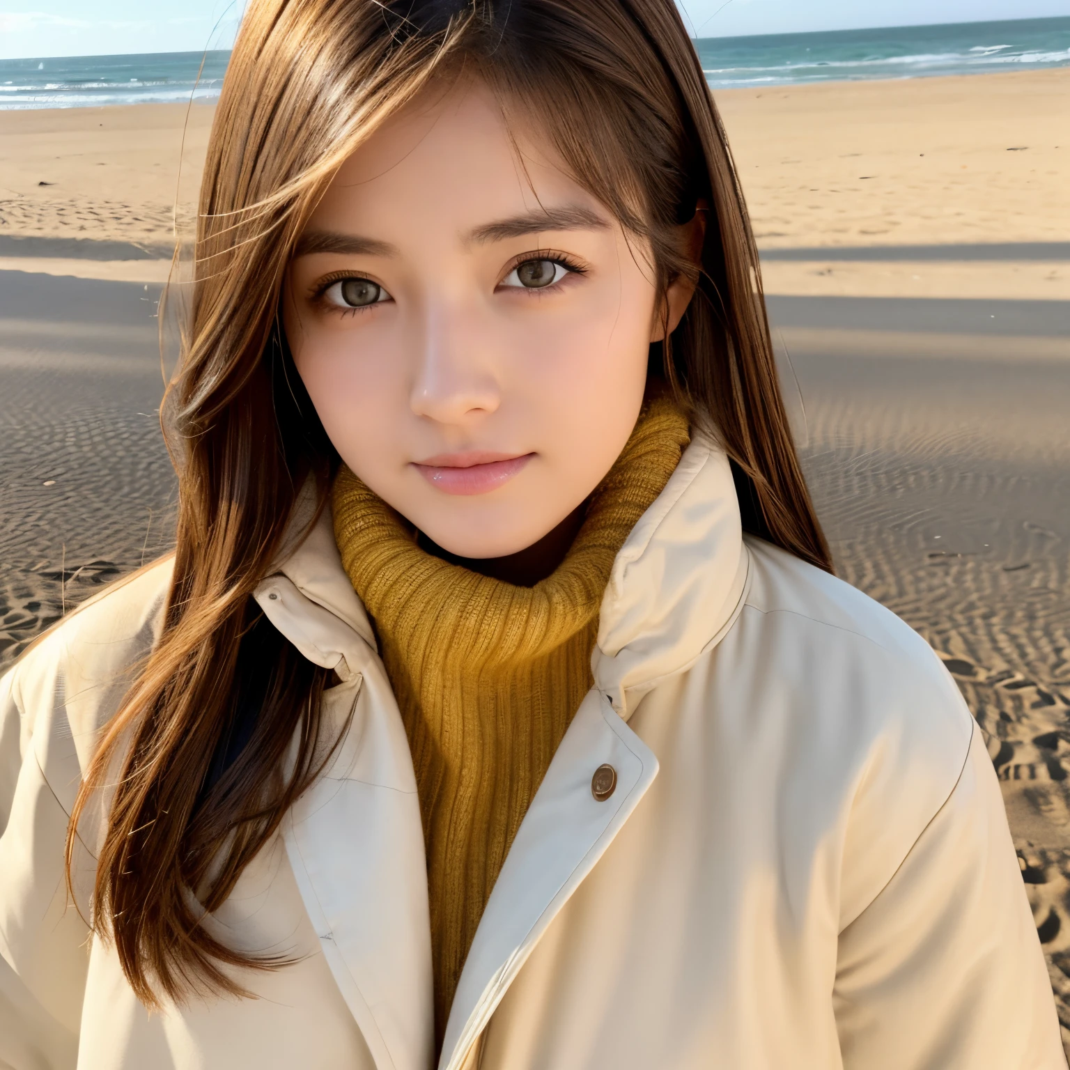 Brown-haired woman、eyes are yellow、sand colored coat