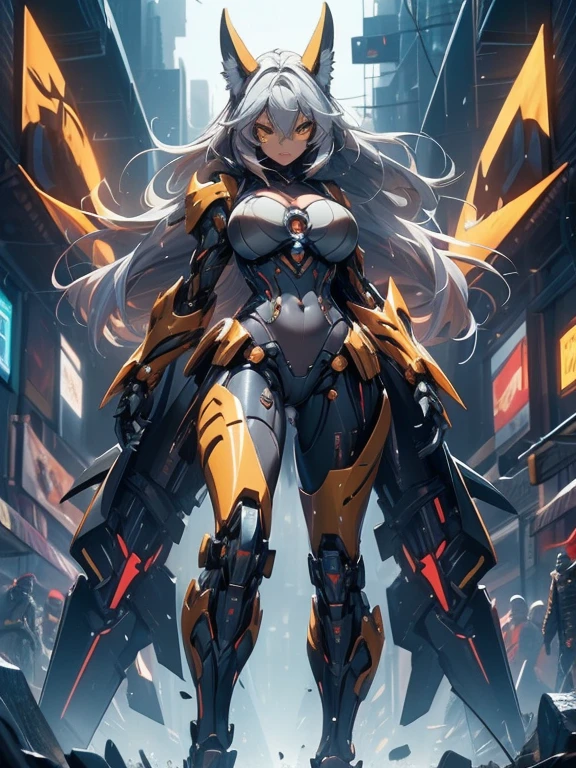 (masterpiece), (best quality:1.4), (perfect anatomy:1.4), high quality, expressive eyes, full body, tall girl, detailed face, beautiful face, perfect face, breasts, cleavage, gloves, huge breasts, cyberpunk, (black armor), long hair, ((tanned skin)), straight hair, detailed (ash gray hair), detailed eyes, (yellow eyes), fox ears, fox tail, hourglass physique, bodysuit, thick thighs, toned, emblem, superhero, dynamic lighting, 4k resolution, dynamic pose, cover, mecha musume, fortified suit, mechanical parts, headgear, robot joints, bodysuit, deva battle suit, glove