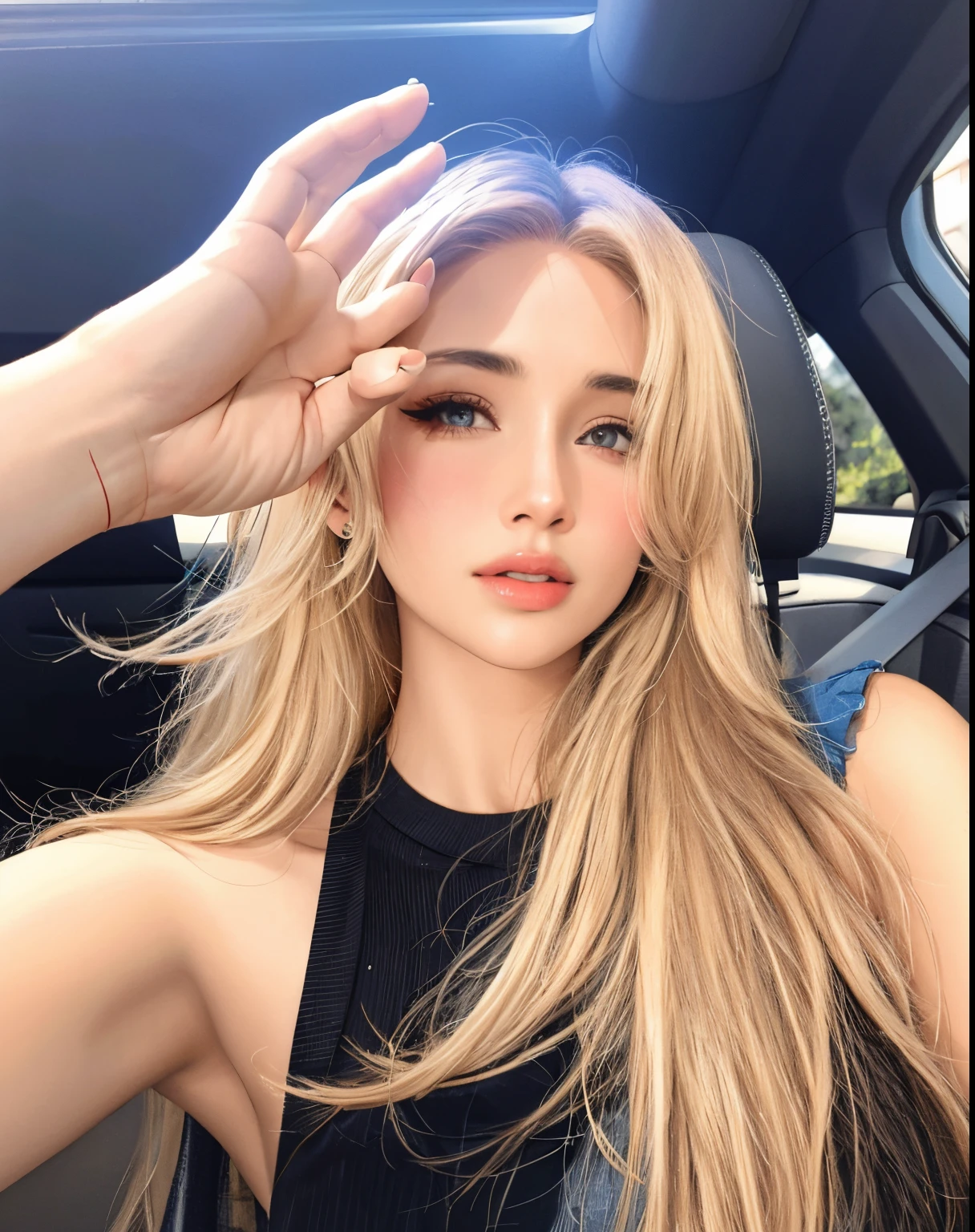 mujer arafed con el pelo largo y rubio sentada en un coche, Cabello largo y rubio y ojos grandes, Kailee Mandel, Violeta Myers, Ava Max, 18 years old, Cabello largo y rubio y ojos grandes, 21-year-old, cabello rubio y ojos grandes, 2 2 years old, 2 4 year old female model, Se parece a Laura Barriales