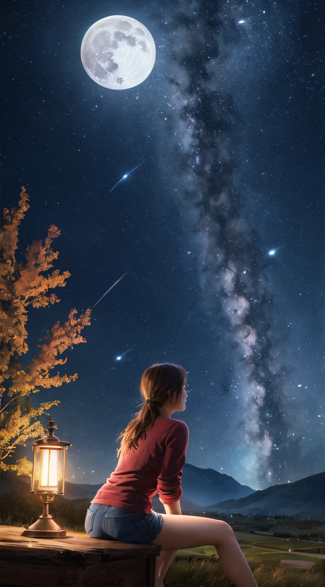 Extra full shot, expansive landscape photograph , (a view from behind that shows sky above and open field below), a girl sitting on grass field looking up, reading book on hand, (full moon:1.2), ( shooting stars:0.9), (nebula:1.3), distant mountain, tree BREAK production art, (warm light source:1.2), (Firefly:1.2), lamp, lot of red and blue, volumetric lighting BREAK (masterpiece:1.2), (best quality), 4k, ultra-detailed, (dynamic composition:1.4), highly detailed, colorful details,( iridescent colors:1.2), (glowing lighting, atmospheric lighting), dreamy, magical, (solo:1.2) , from behind