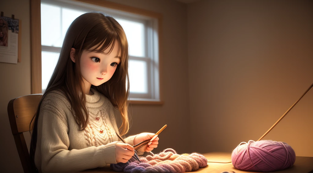 Girl with long light brown hair knitting