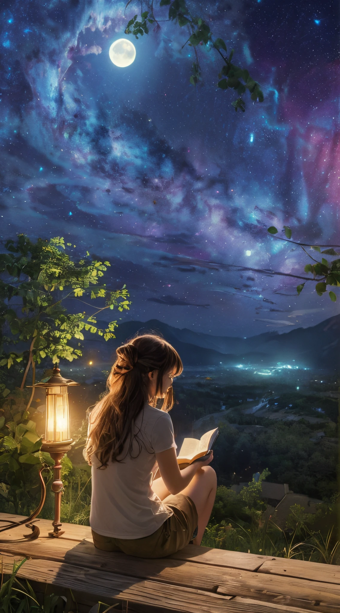 Extra full shot, expansive landscape photograph , (a view from behind that shows sky above and open field below), a girl sitting on grass field looking up, reading book on hand,  (full moon:1.2), ( shooting stars:0.9), (nebula:1.3), distant mountain, tree BREAK production art, (warm light source:1.2), (Firefly:1.2), lamp, lot of red and blue, volumetric lighting BREAK (masterpiece:1.2), (best quality), 4k, ultra-detailed, (dynamic composition:1.4), highly detailed, colorful details,( iridescent colors:1.2), (glowing lighting, atmospheric lighting), dreamy, magical, (solo:1.2) , from behind
