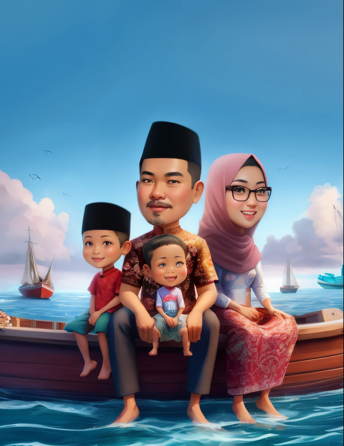 cartoon of a family sitting on a boat in the ocean, an indonesian family portrait, happy family, potrait, in cartoon style, full protrait, barong family, caricature illustration, cartoon digital art, family portrait, digital art cartoon, by Abidin Dino, realism artstyle, cartoon art, inspired by Basuki Abdullah, cartoon digital painting, family