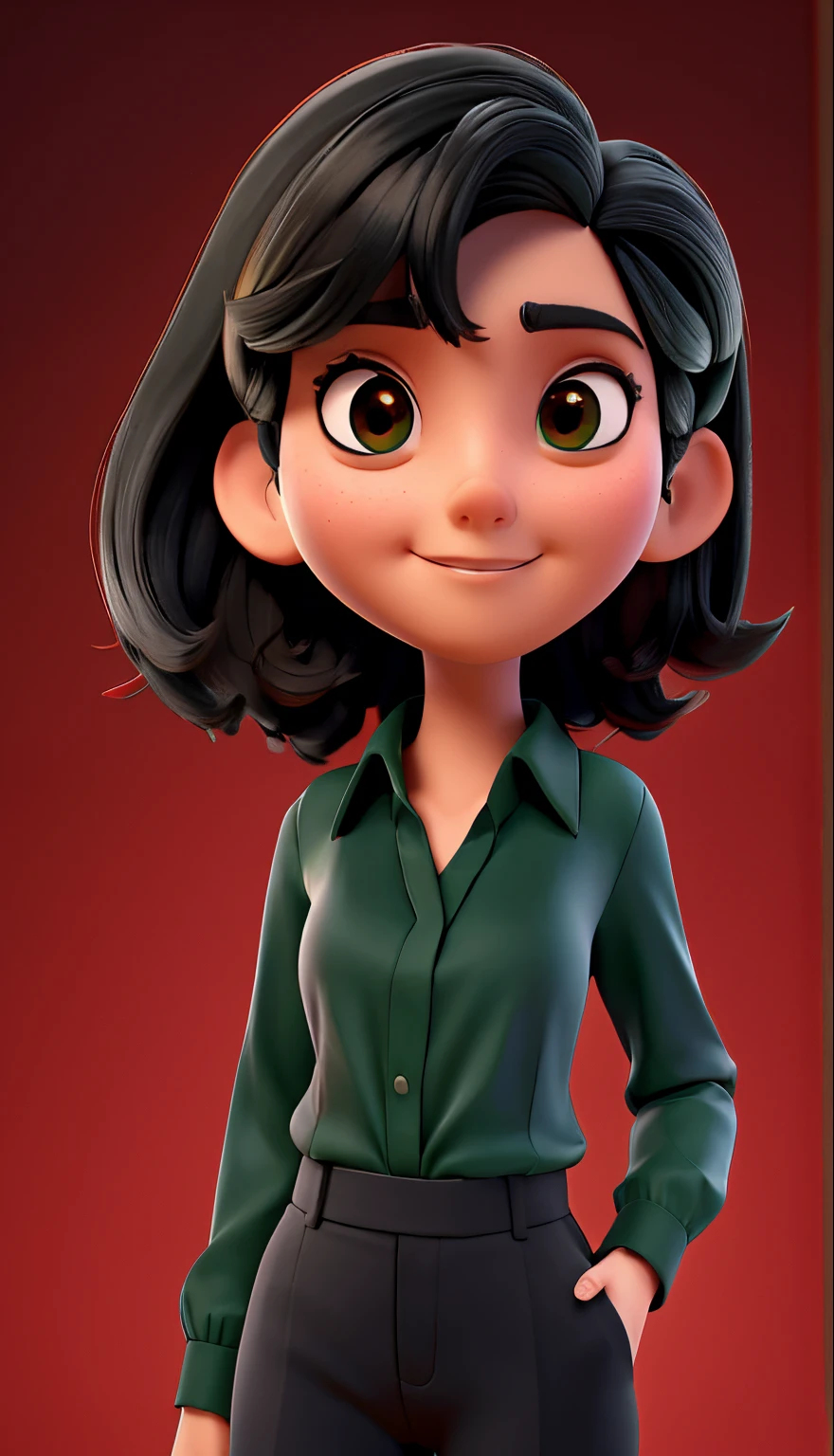 A fundamental physics teacher with straight black hair, a red blouse, a black mask and green pants.