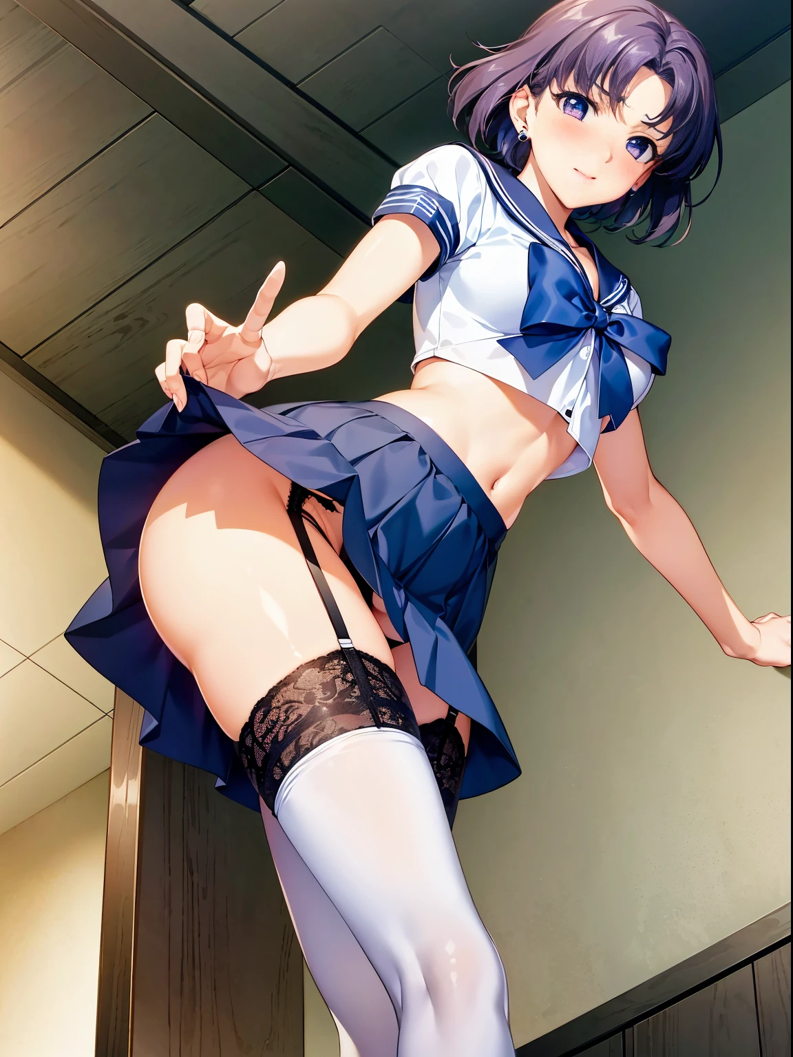 1girl in, lightsmile, Shiny skin, Best Quality, masutepiece, (Game CG:1.4), Detailed beautiful face and eyes,爆乳,Perfect limbs、Lingerie with a small area, Sailor Mercury, I could feel the battle, Serious, Cowboy Shot、爆乳、、、Solo, (Curve:1.1), looking at away, Embarrassed face, ((From below:1.5)) Looks Back, ((Leaning forward)), seen from back, , lip stick, makeup, Ultra Detail Hair, ultra detail face, (Purple eyes:1.05), Perfect eyes, Perfect face, earrings, (Confused, blush:1.2), , (black thighhighs, Garter Belt:1.1), zettai ryouiki, , high-heels, (Large breasts:1.1), cleavage, Big ass, thighs thighs thighs thighs, Show panties, ((From the hem of the rolled up skirt to the crotch)) NSFW