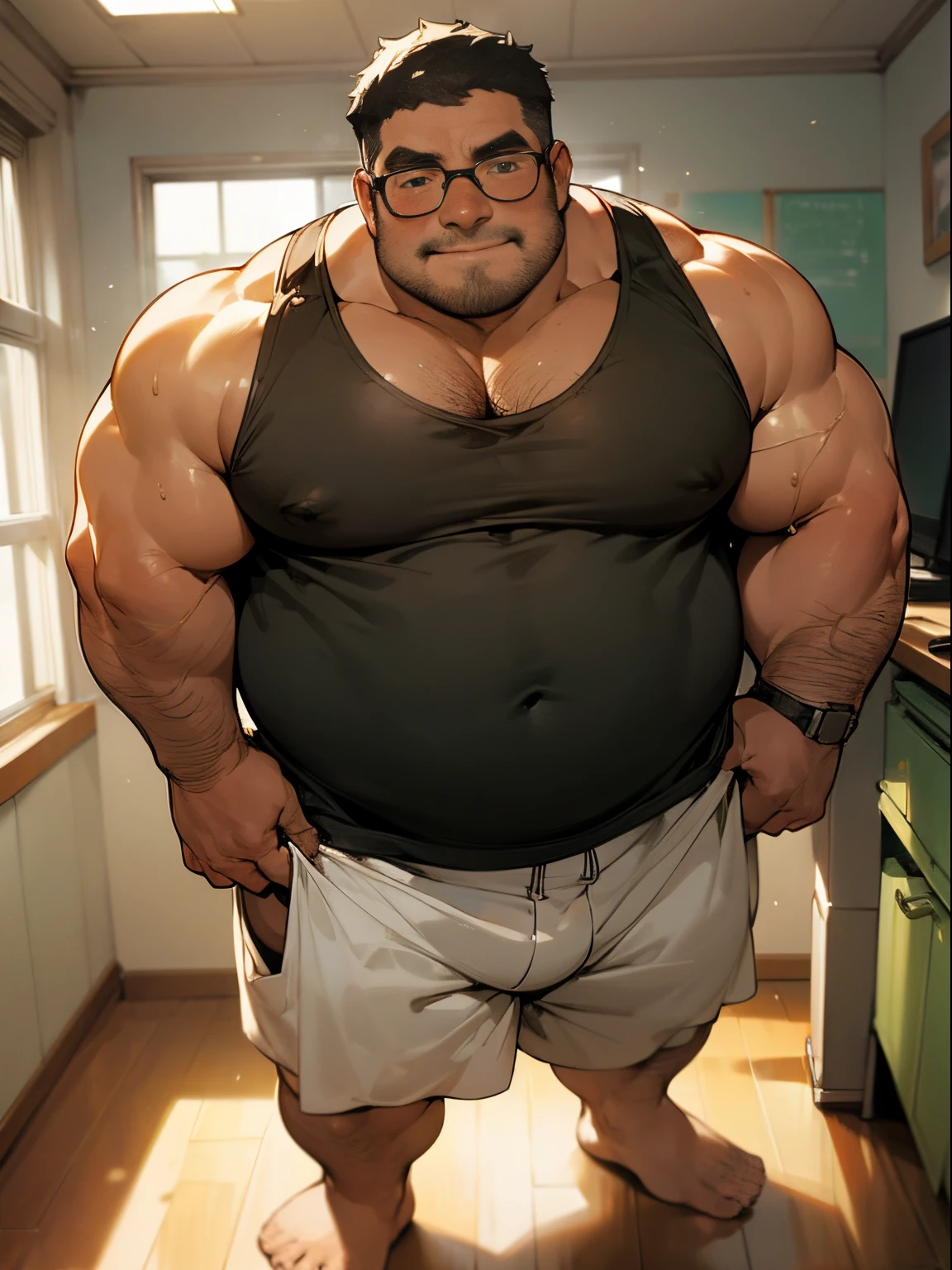 masterpiece,top-quality, 8k, Otakus room, fat uncle is standing naked, geezer, Standing pee and lean forward, Looking down, Hands play with his crotch, Short legs, bowleg, shirtless, bare body, bare legs, wearing a dirty tank top and white briefs, Fat Man, glasses, Black-haired man, Man with big face, Round face, Sweating